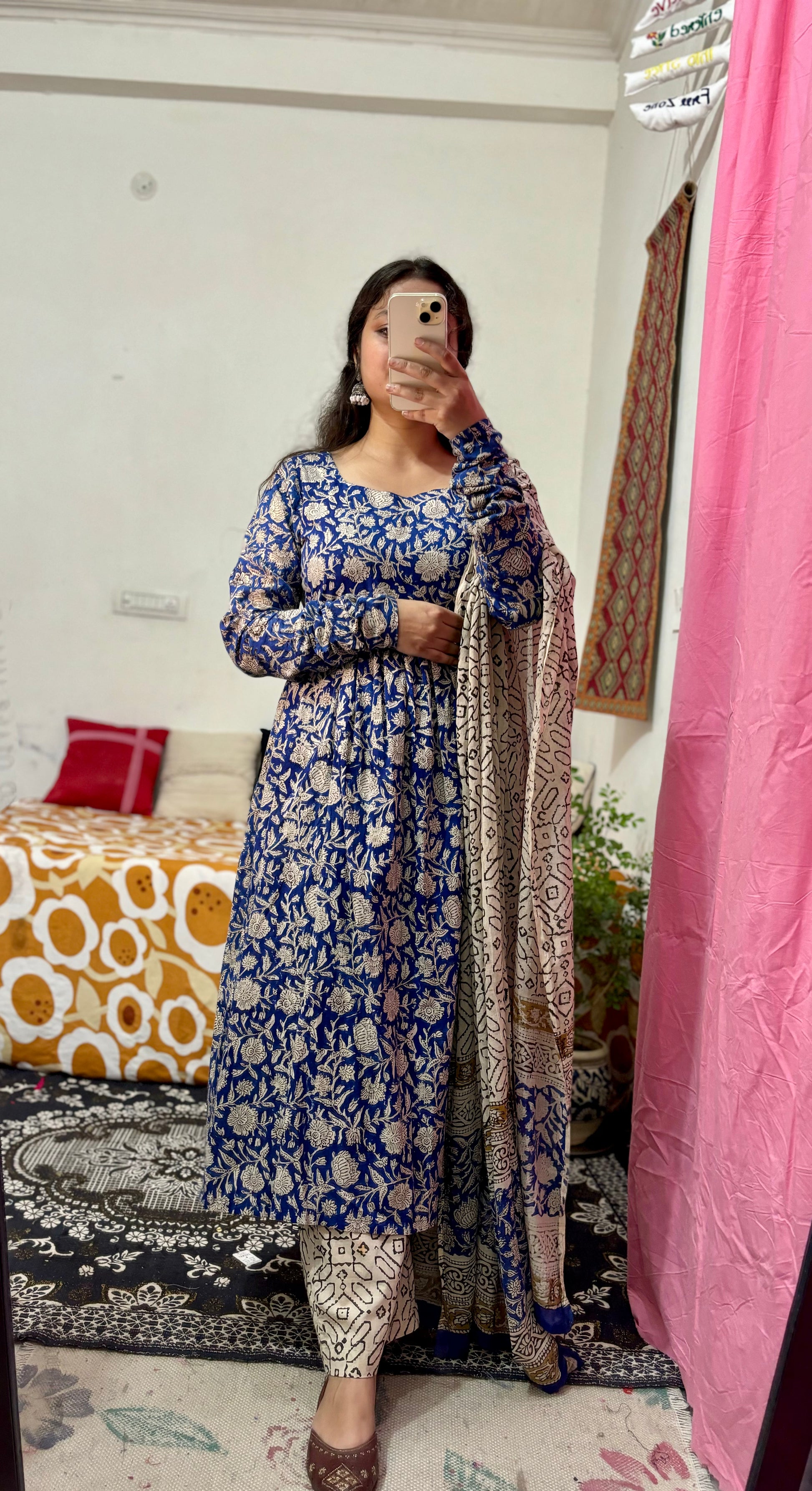 Blue Hand‑Block Printed Cotton 3‑Piece Set with Mulmul Dupatta