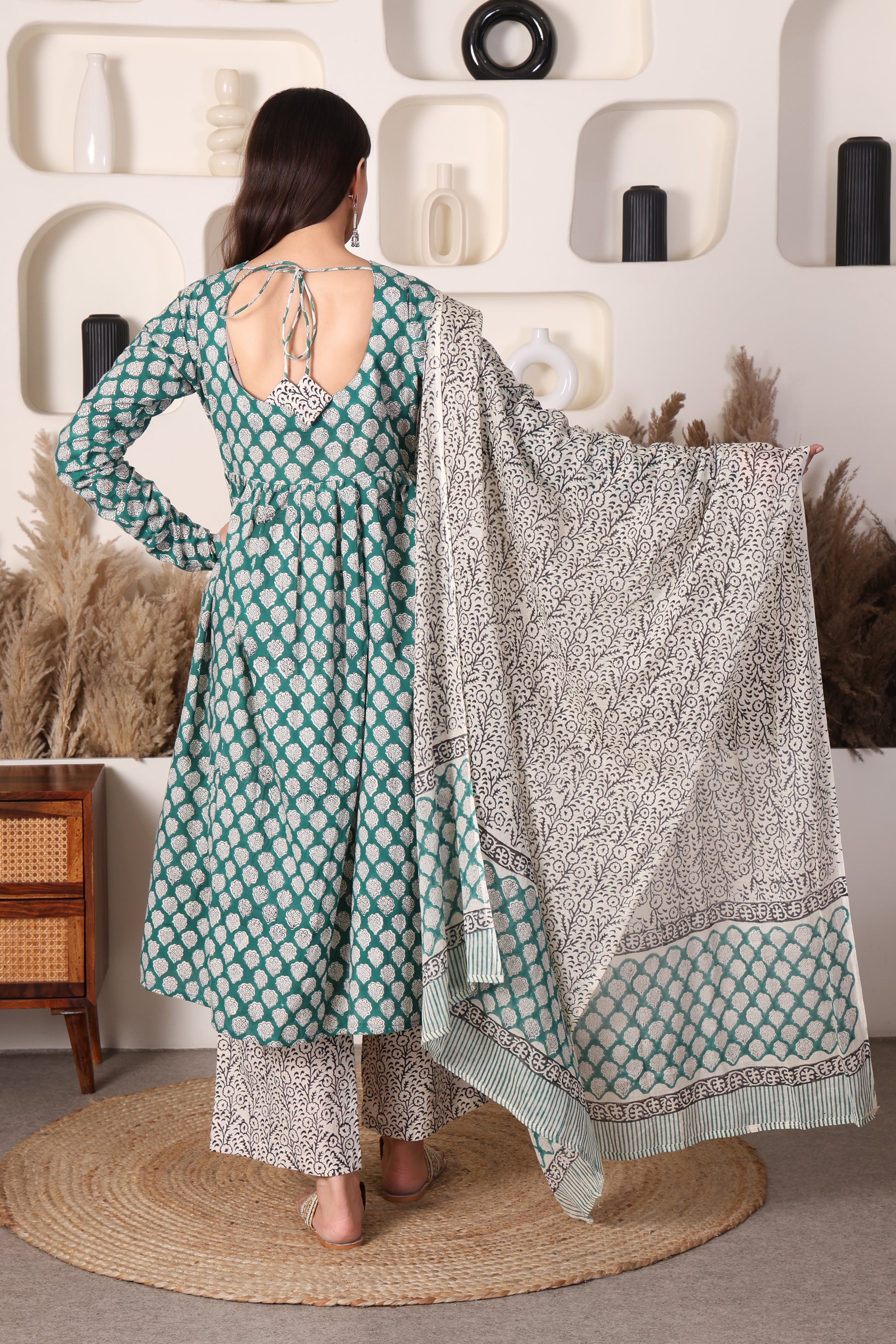 Emerald Green Hand‑Block Printed Cotton 3‑Piece Set with Mulmul Dupatta