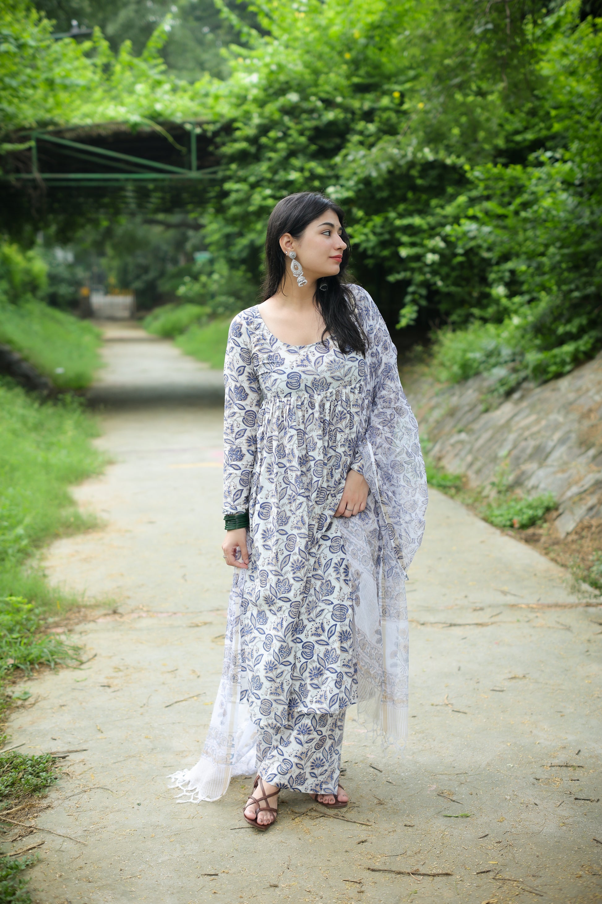 White Anarkali Set Dupatta - Hand Block