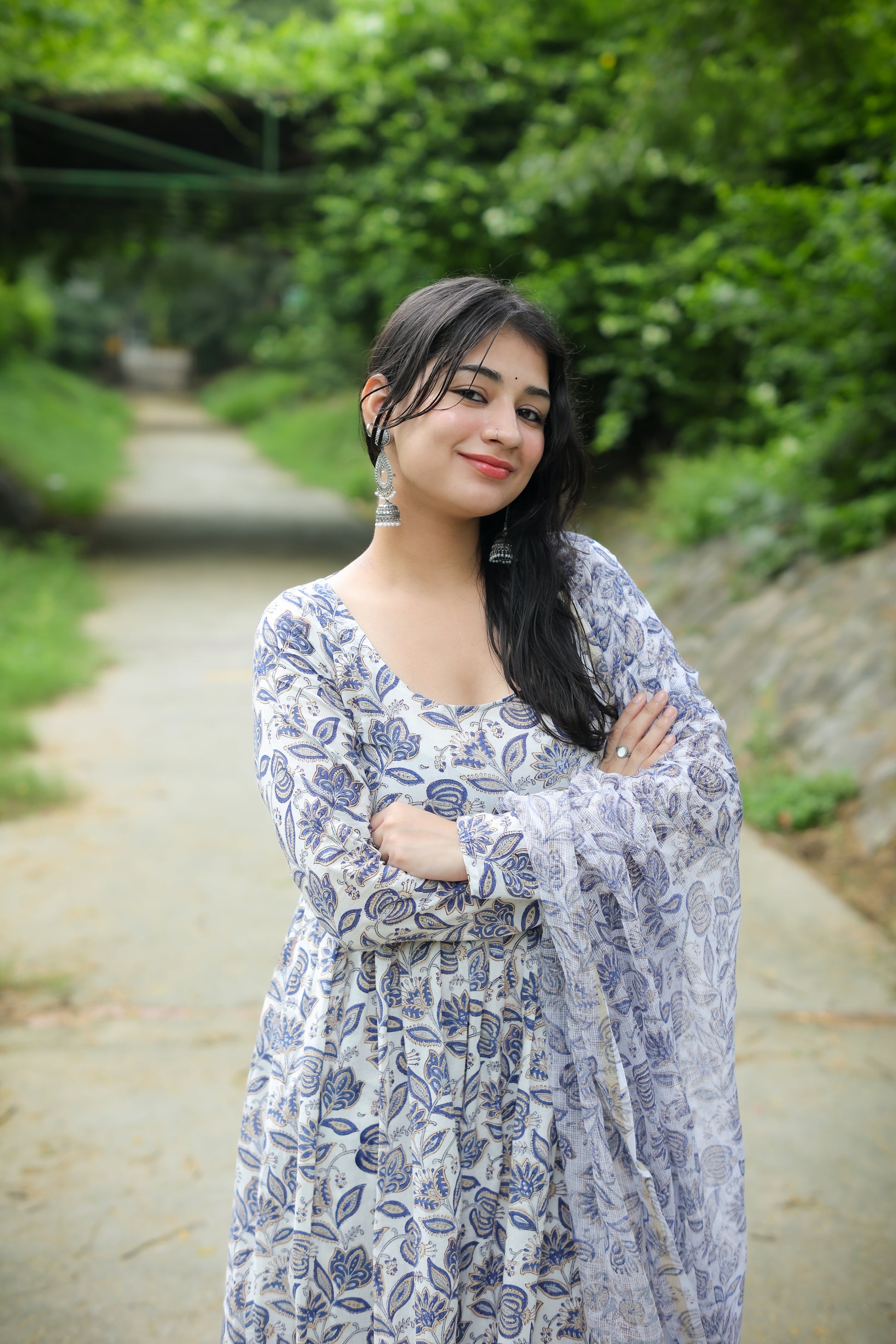 White Anarkali Set Dupatta - Hand Block