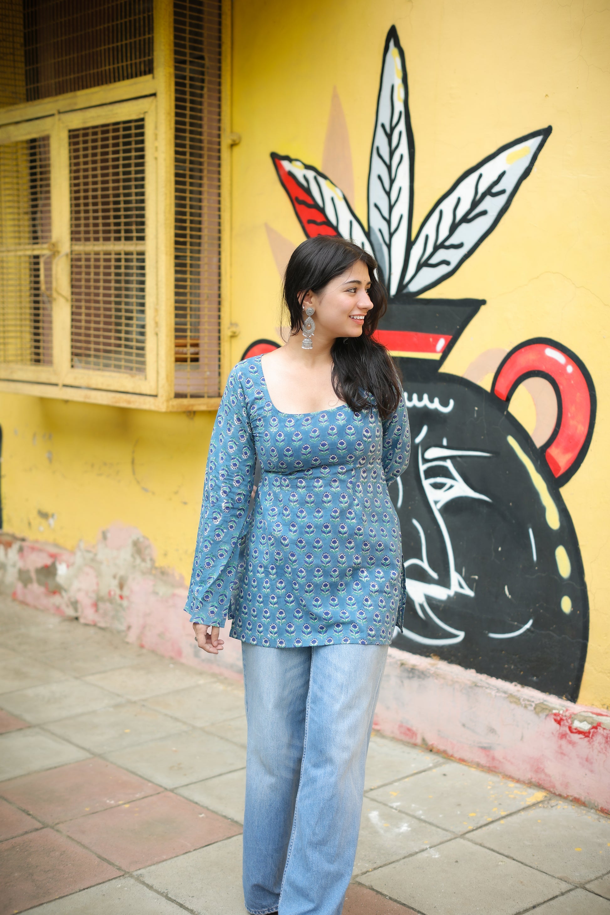 Hand Block Blue Short Kurti