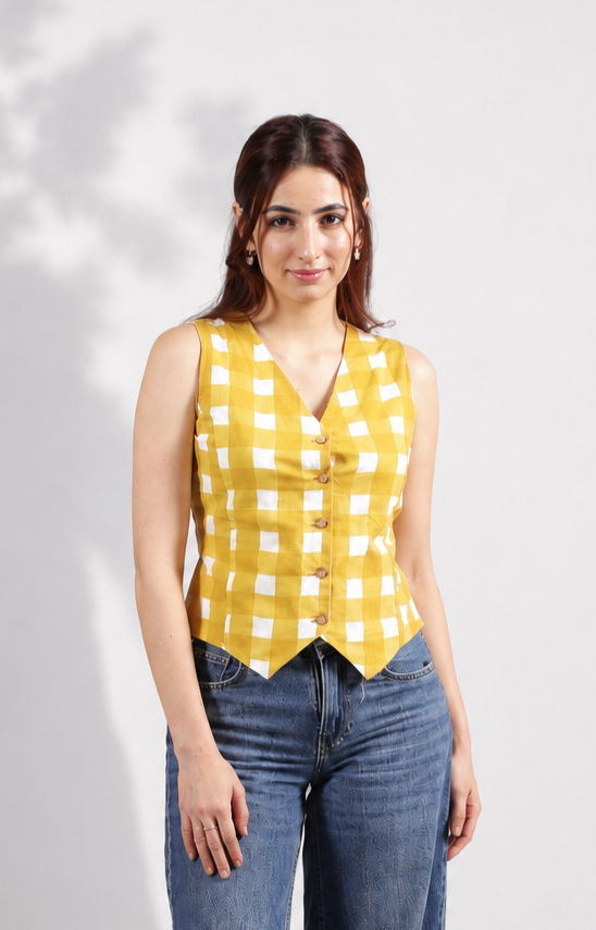 Yellow Hand block Waist Coat