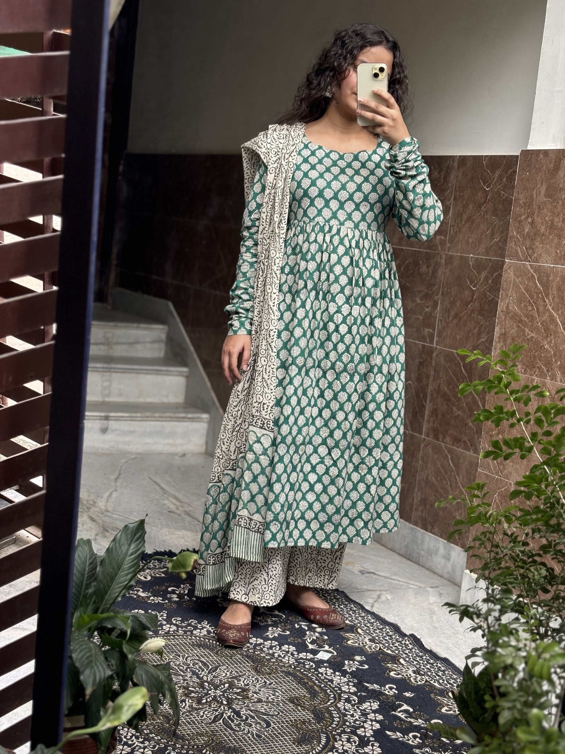 Emerald Green Hand‑Block Printed Cotton 3‑Piece Set with Mulmul Dupatta