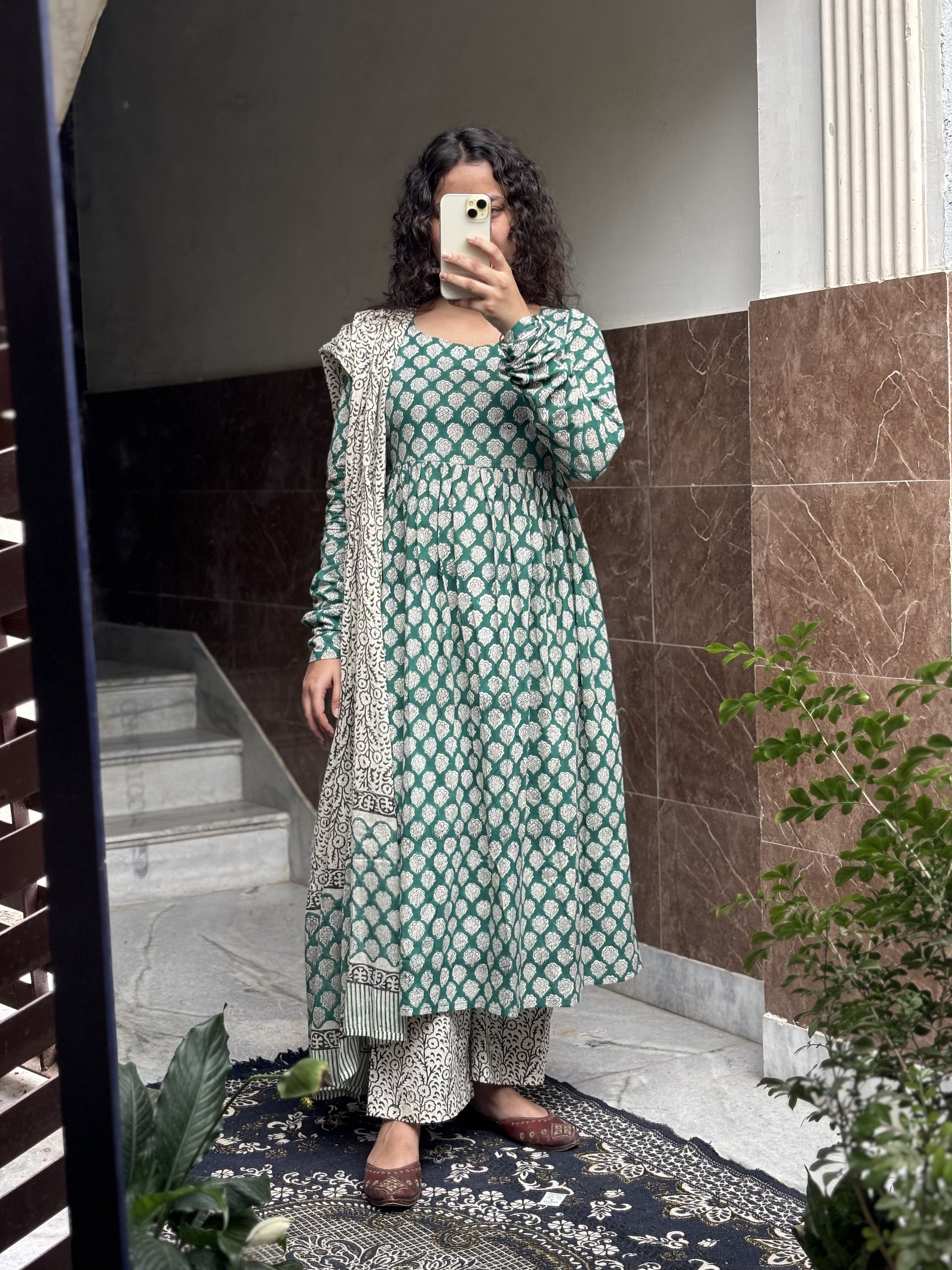 Emerald Green Hand‑Block Printed Cotton 3‑Piece Set with Mulmul Dupatta