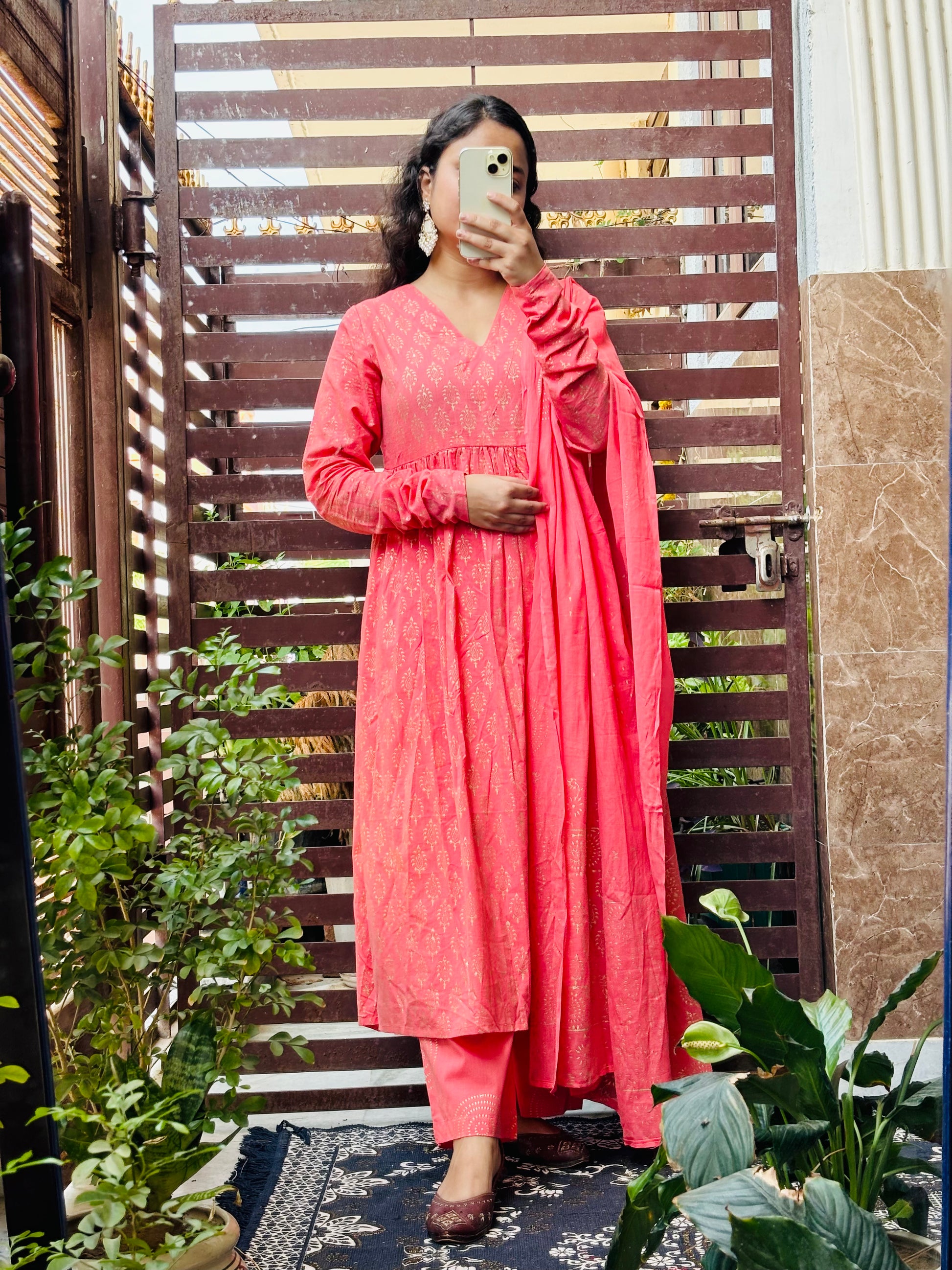 Pink Block-Printed Cotton 3‑Piece Set with Mulmul Dupatta