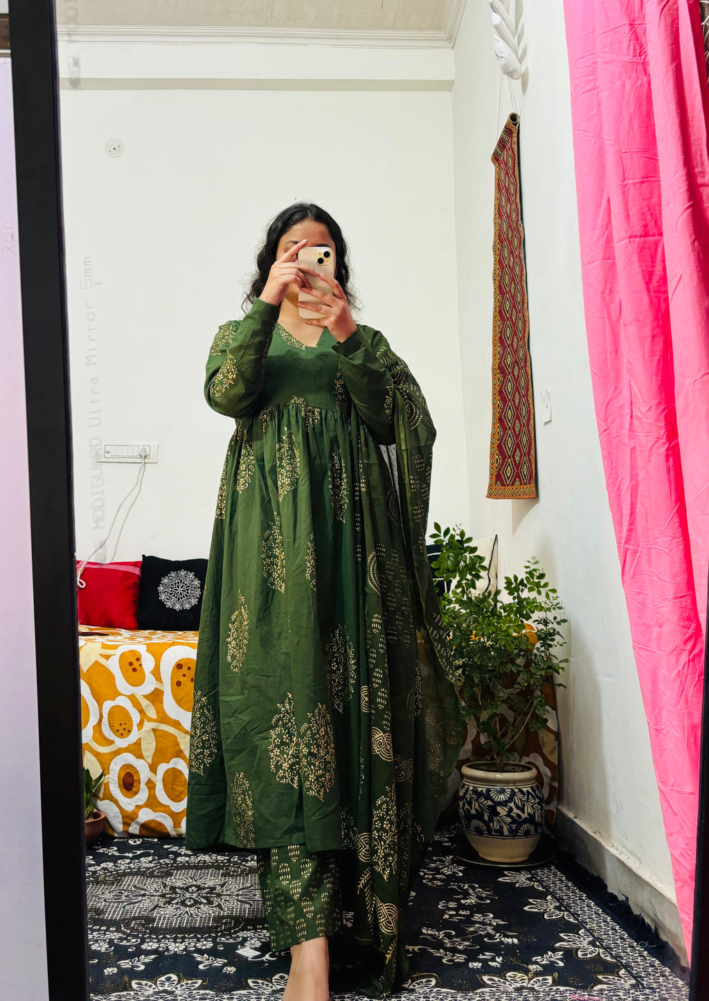 Green Block‑Printed Cotton 3‑Piece Set with Mulmul Dupatta