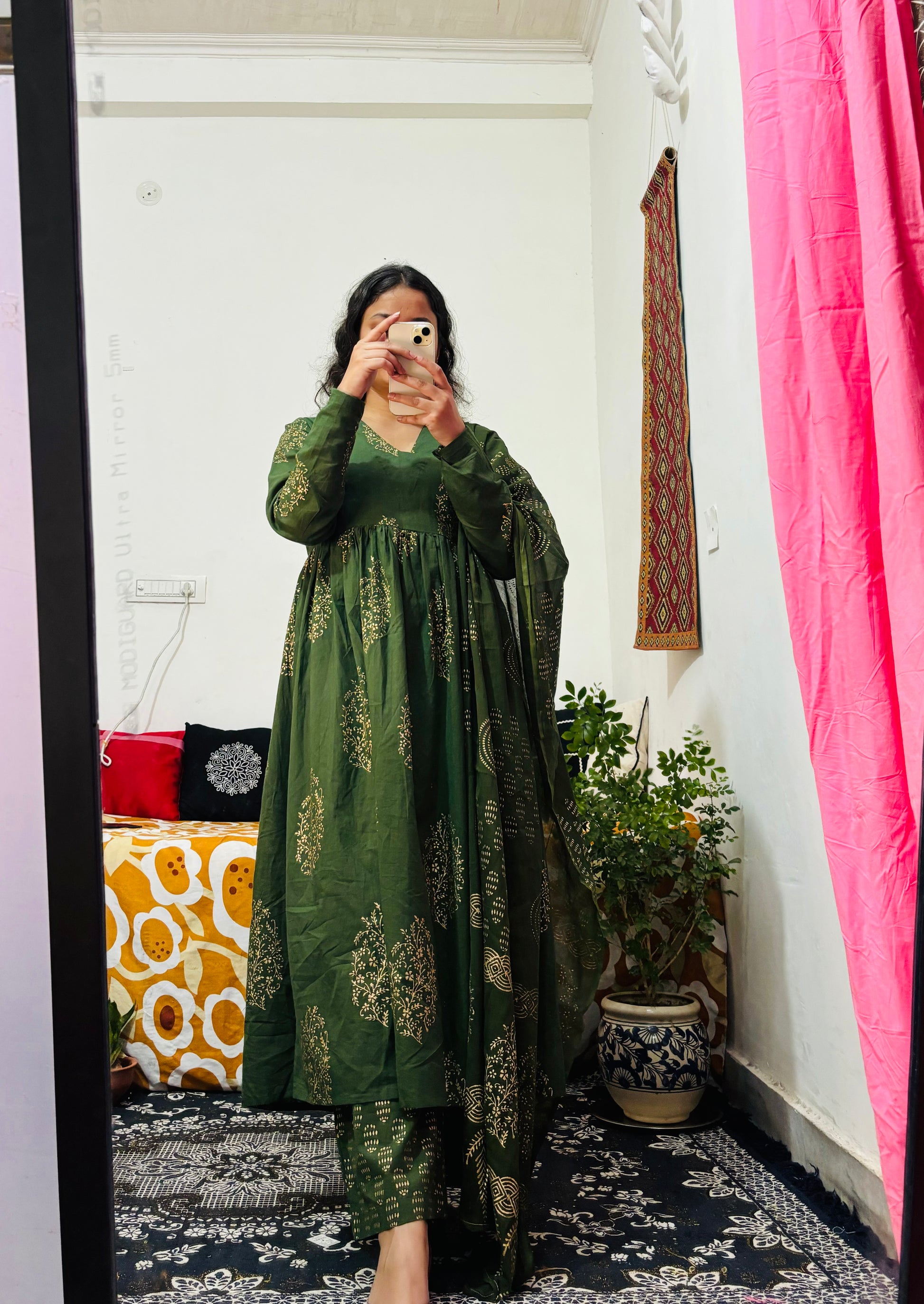 Green Block‑Printed Cotton 3‑Piece Set with Mulmul Dupatta