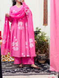 Pink Hand-Painted Cotton 3‑Piece Set with Mulmul Dupatta