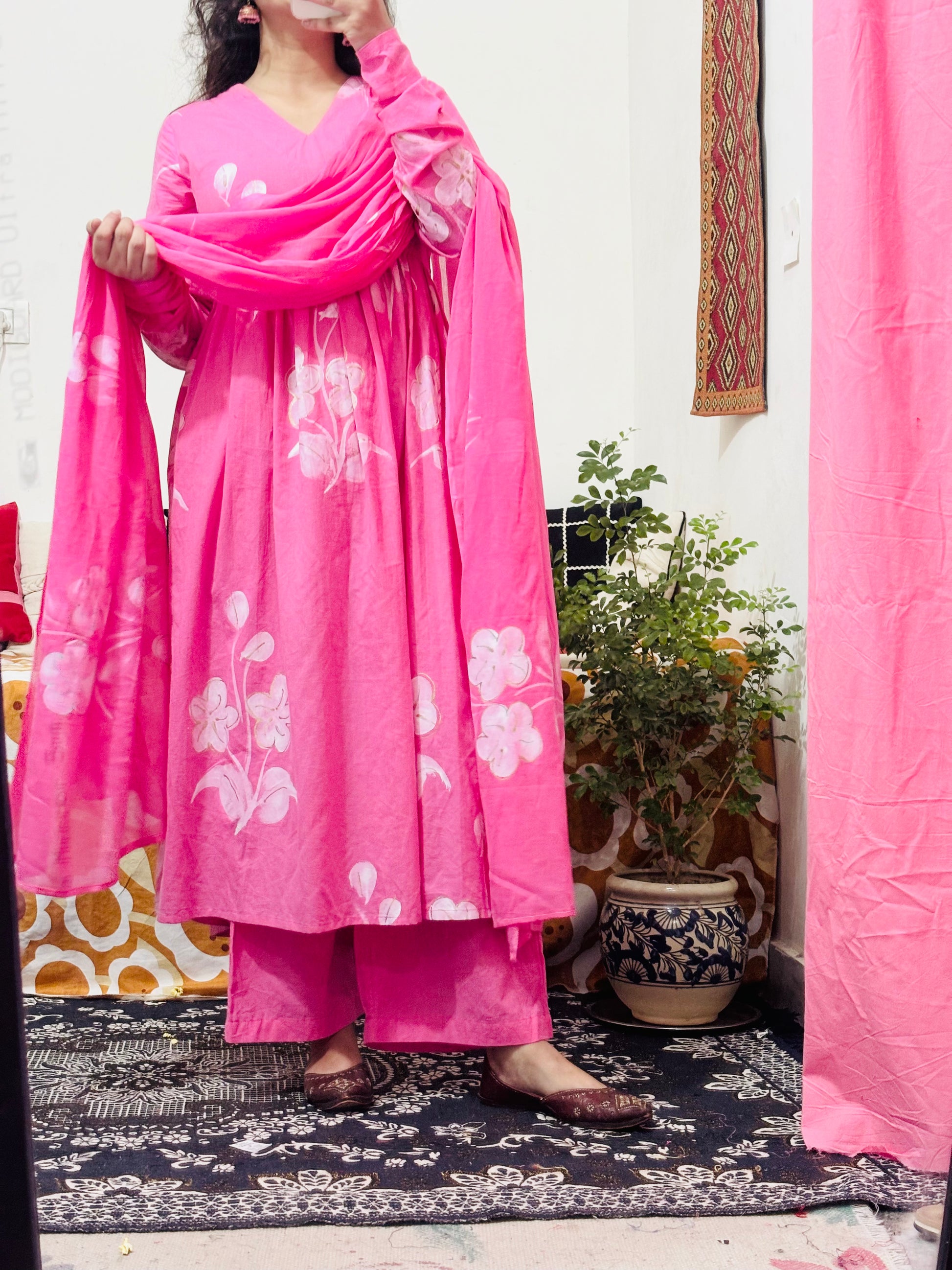 Pink Hand-Painted Cotton 3‑Piece Set with Mulmul Dupatta
