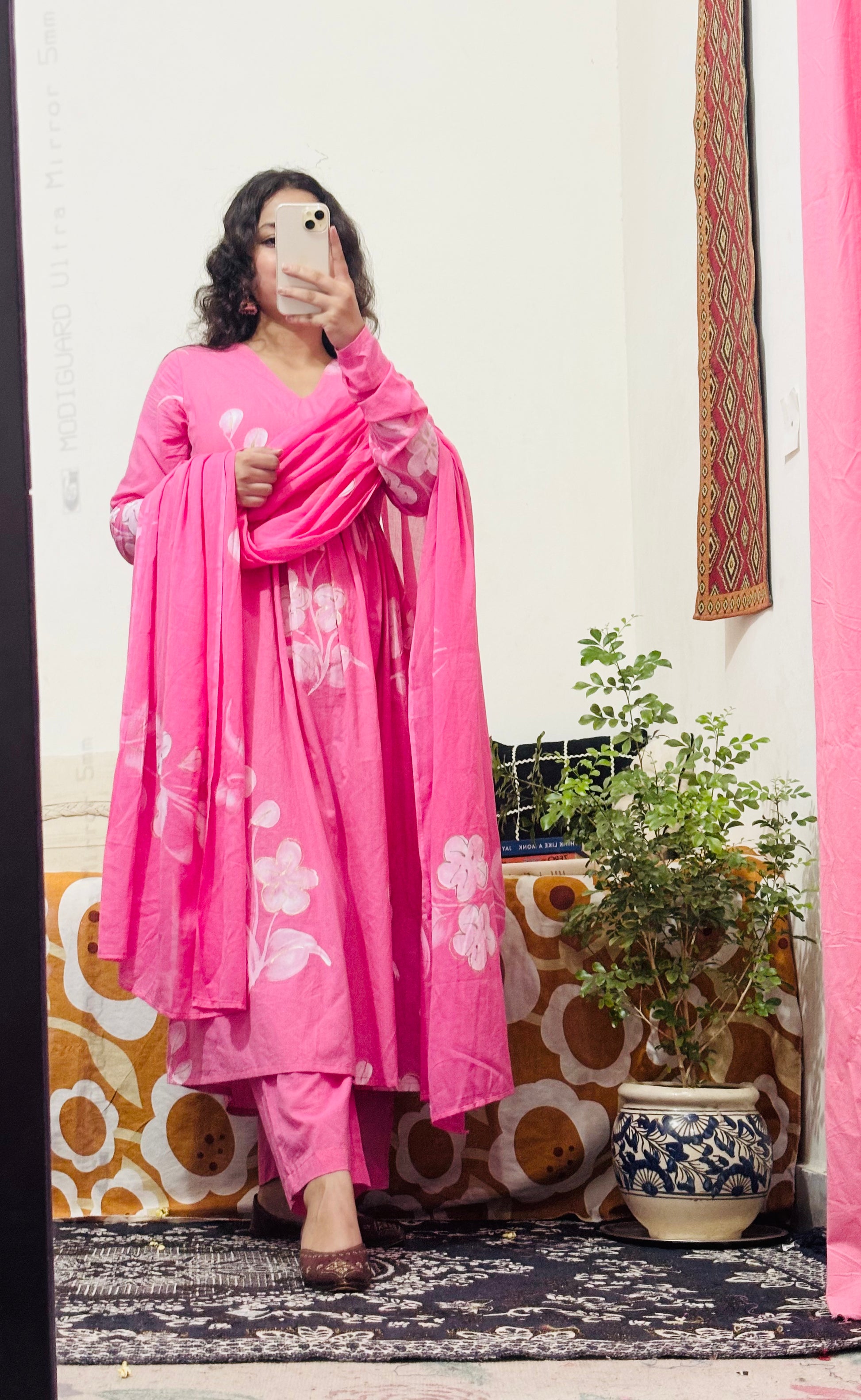 Pink Hand-Painted Cotton 3‑Piece Set with Mulmul Dupatta