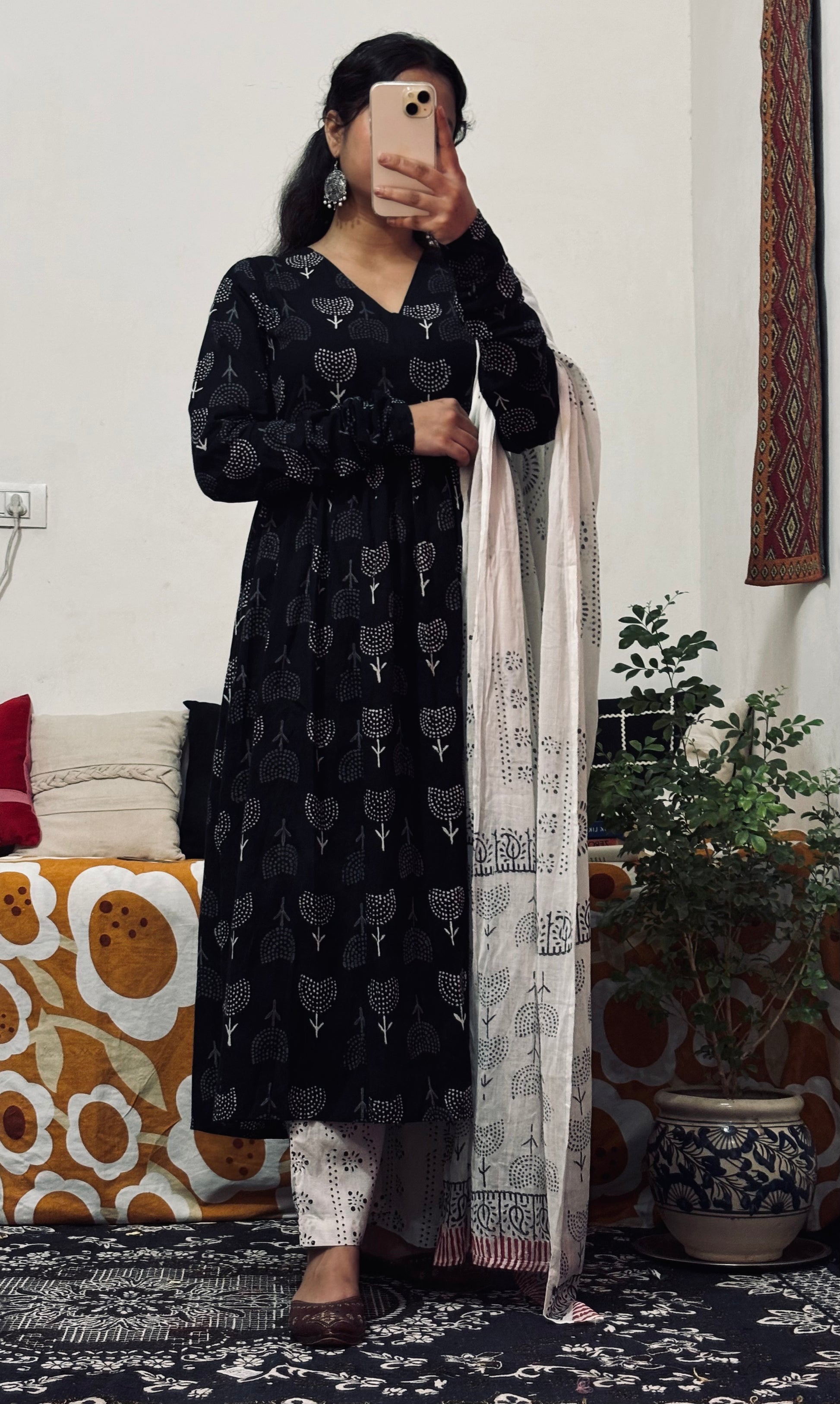 Black Block-Printed Cotton 3‑Piece Set with Mulmul Dupatta