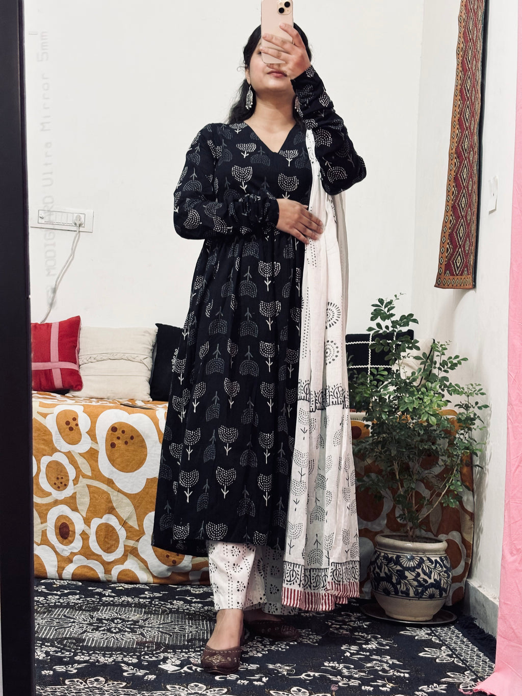 Black Block-Printed Cotton 3‑Piece Set with Mulmul Dupatta