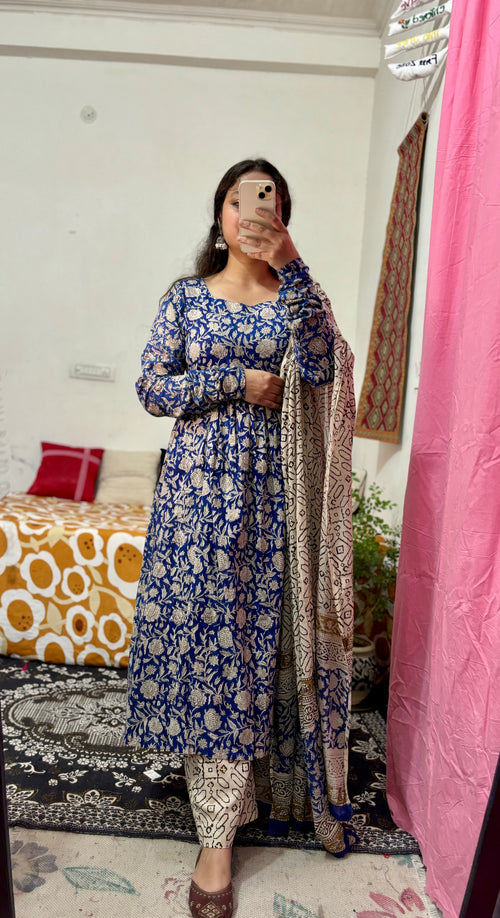 Blue Hand‑Block Printed Cotton 3‑Piece Set with Mulmul Dupatta