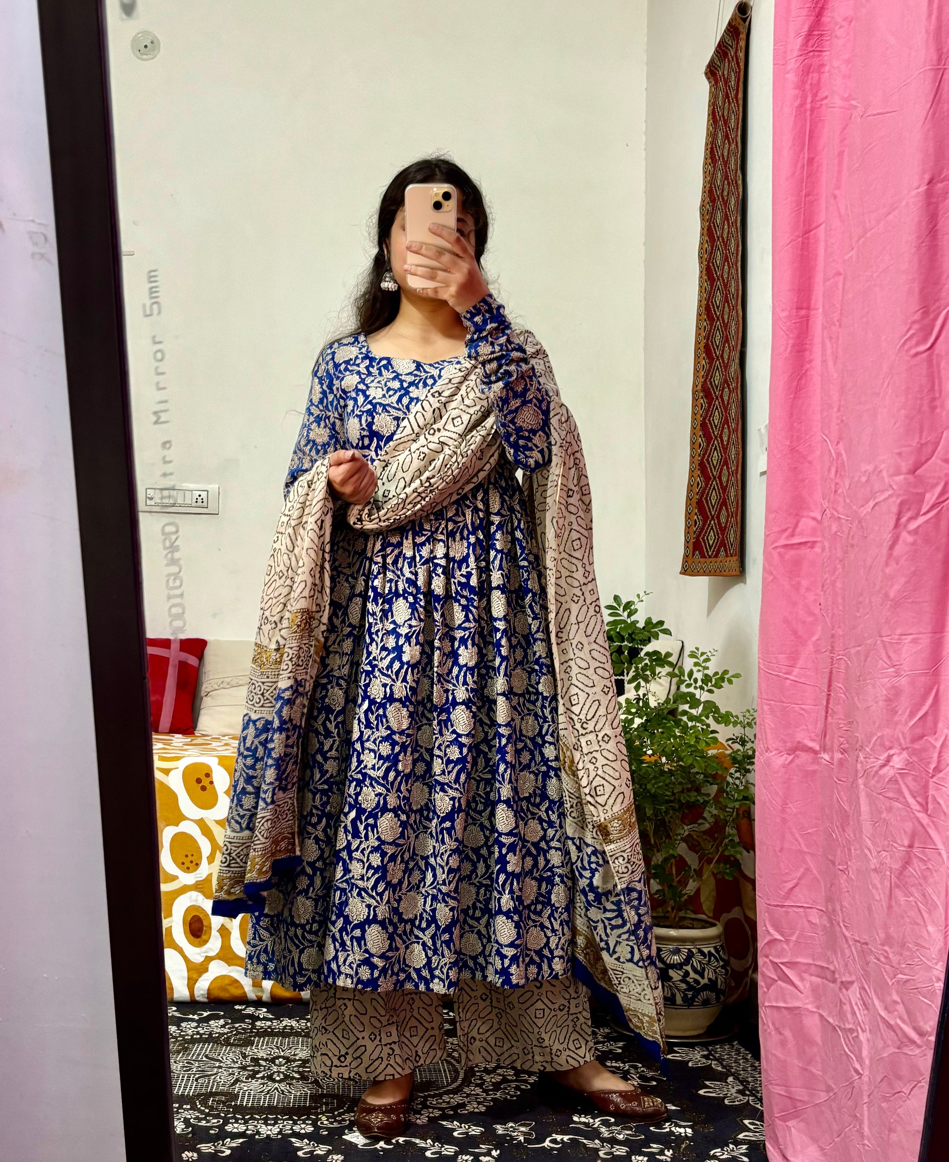 Blue Hand‑Block Printed Cotton 3‑Piece Set with Mulmul Dupatta