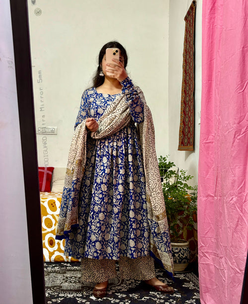 Blue Hand‑Block Printed Cotton 3‑Piece Set with Mulmul Dupatta