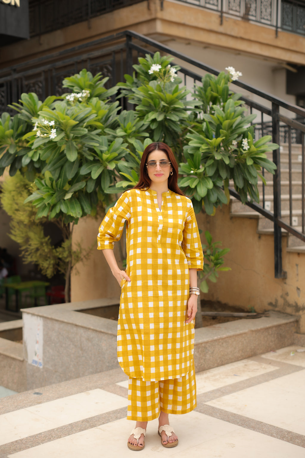 Yellow Check Kurta Co-ord Set