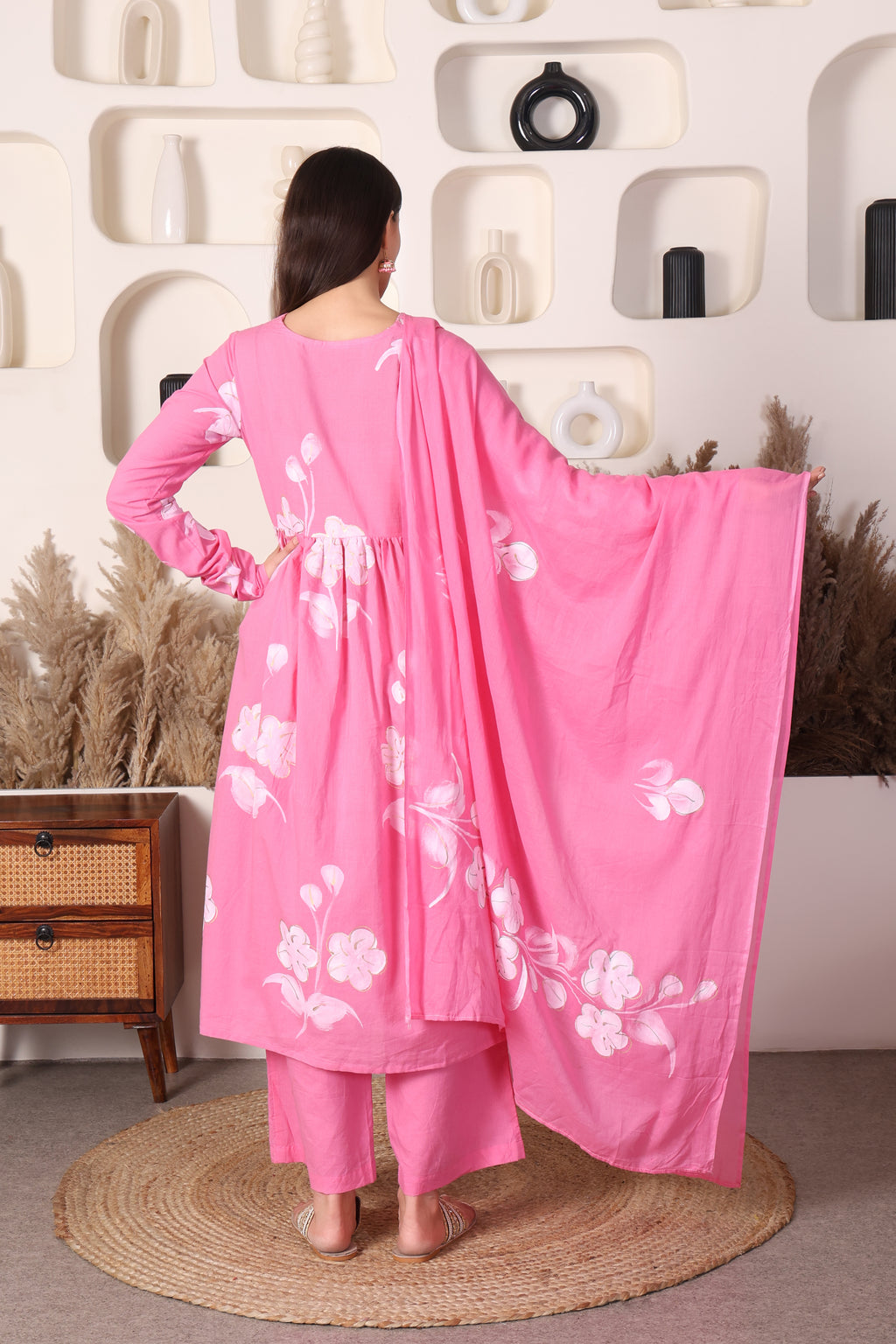 Pink Hand-Painted Cotton 3‑Piece Set with Mulmul Dupatta