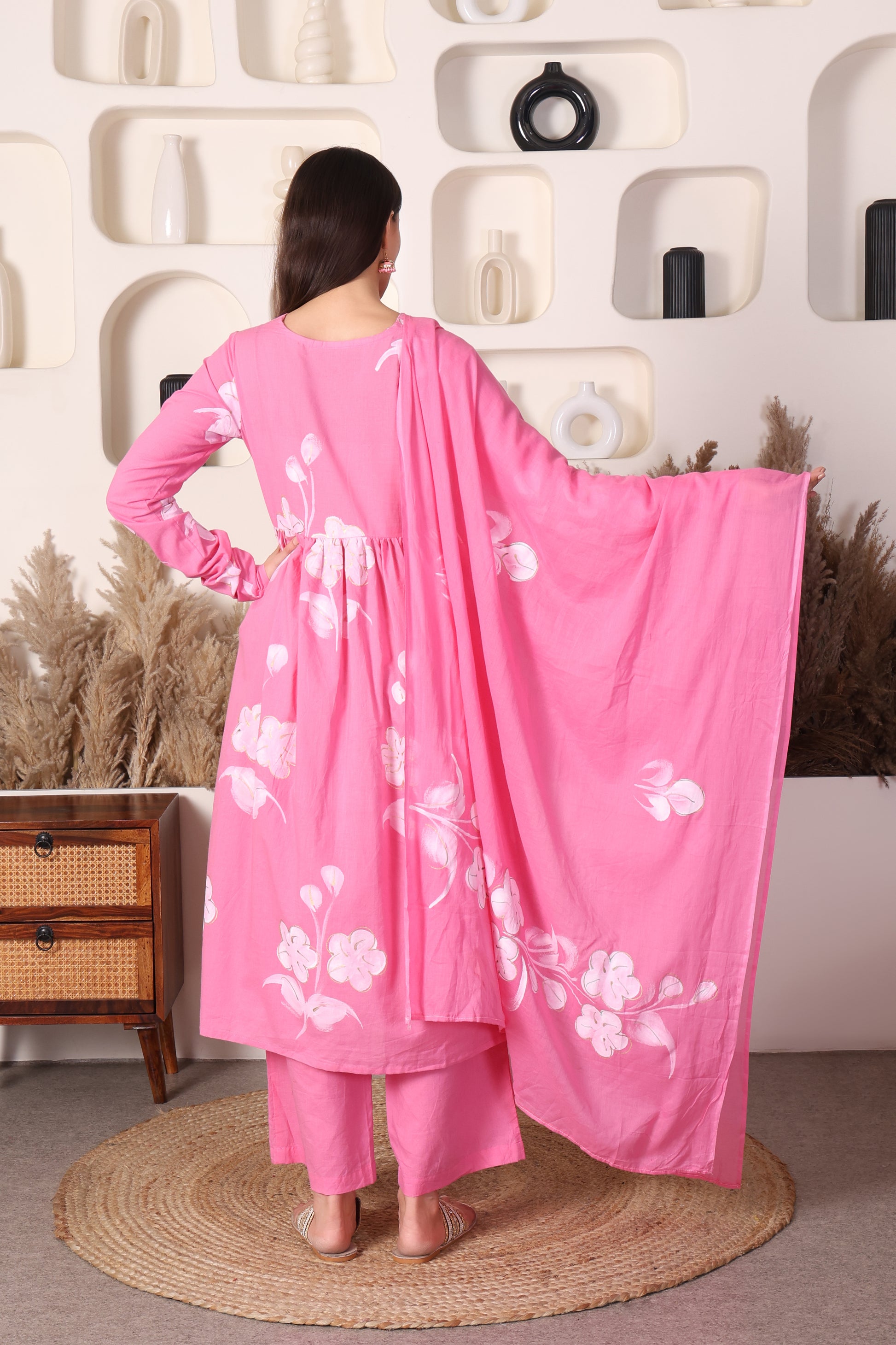 Pink Hand-Painted Cotton 3‑Piece Set with Mulmul Dupatta