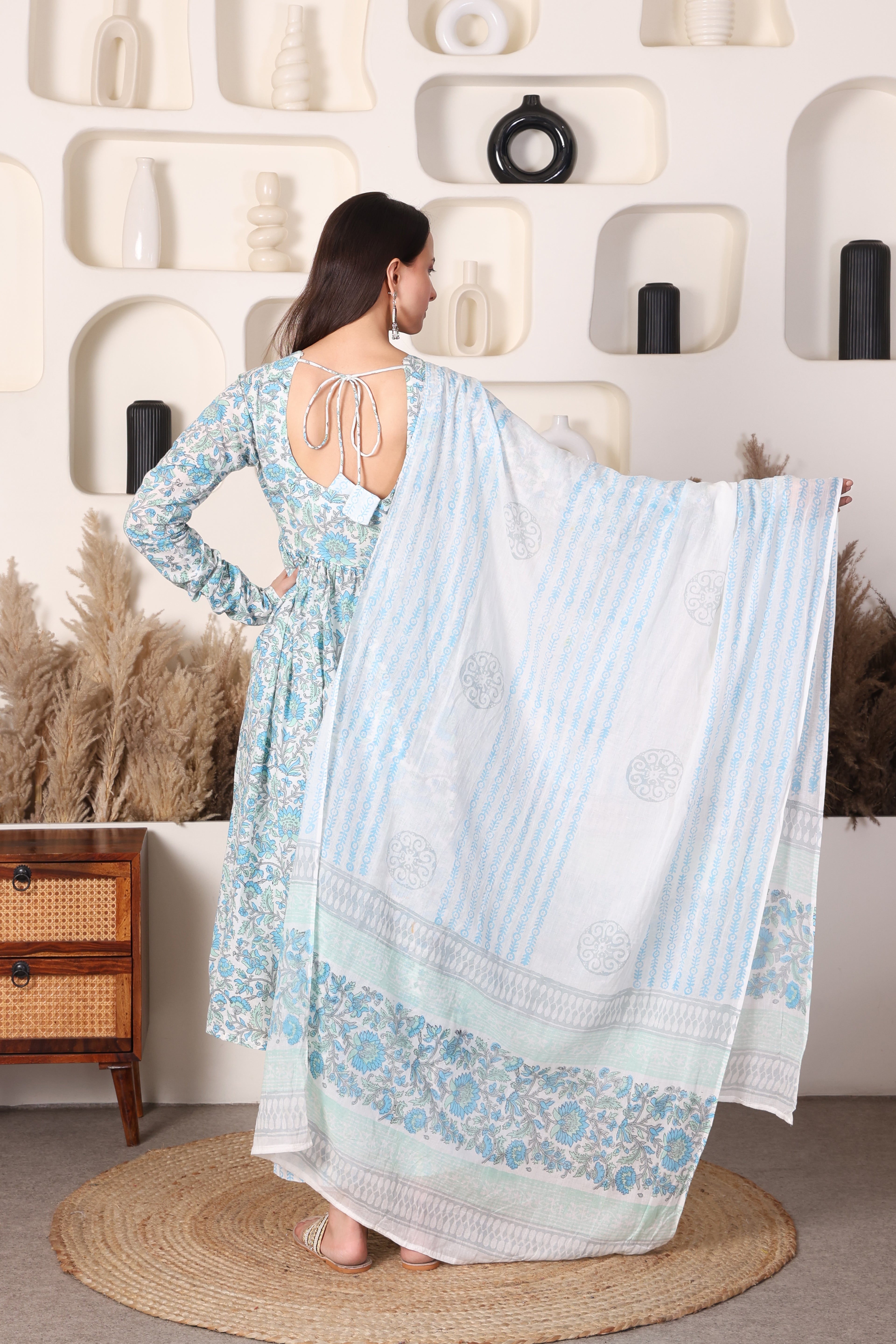 White & Blue Block-Printed Cotton 3‑Piece Set with Mulmul Dupatta