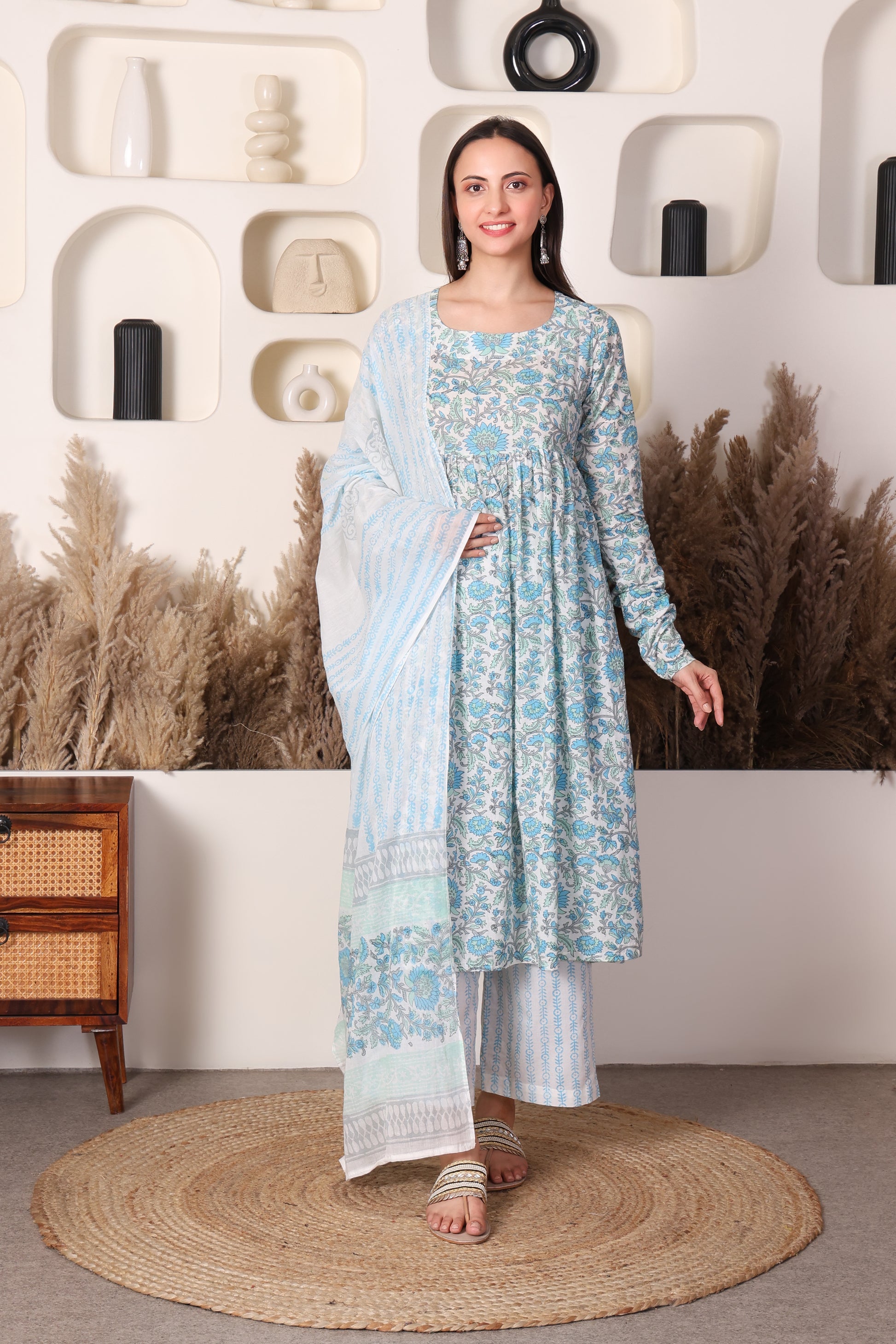 White & Blue Block-Printed Cotton 3‑Piece Set with Mulmul Dupatta