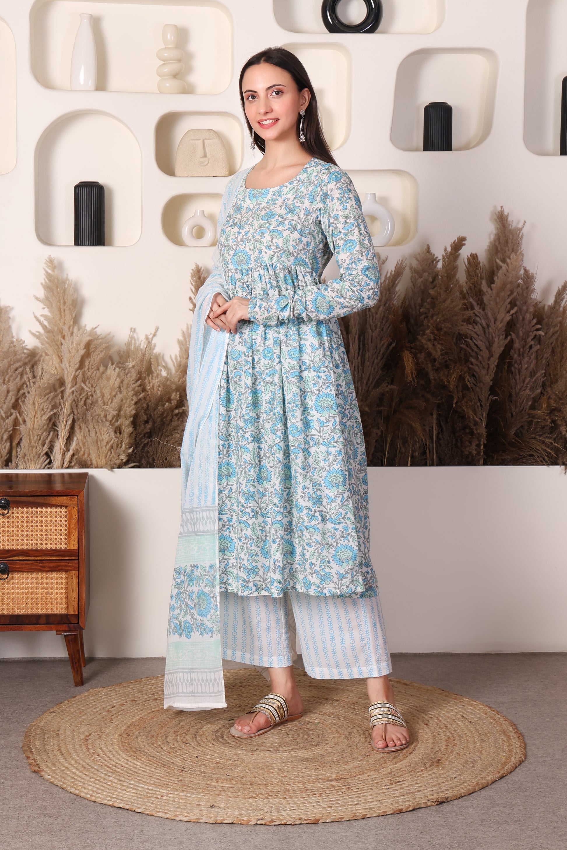 White & Blue Block-Printed Cotton 3‑Piece Set with Mulmul Dupatta