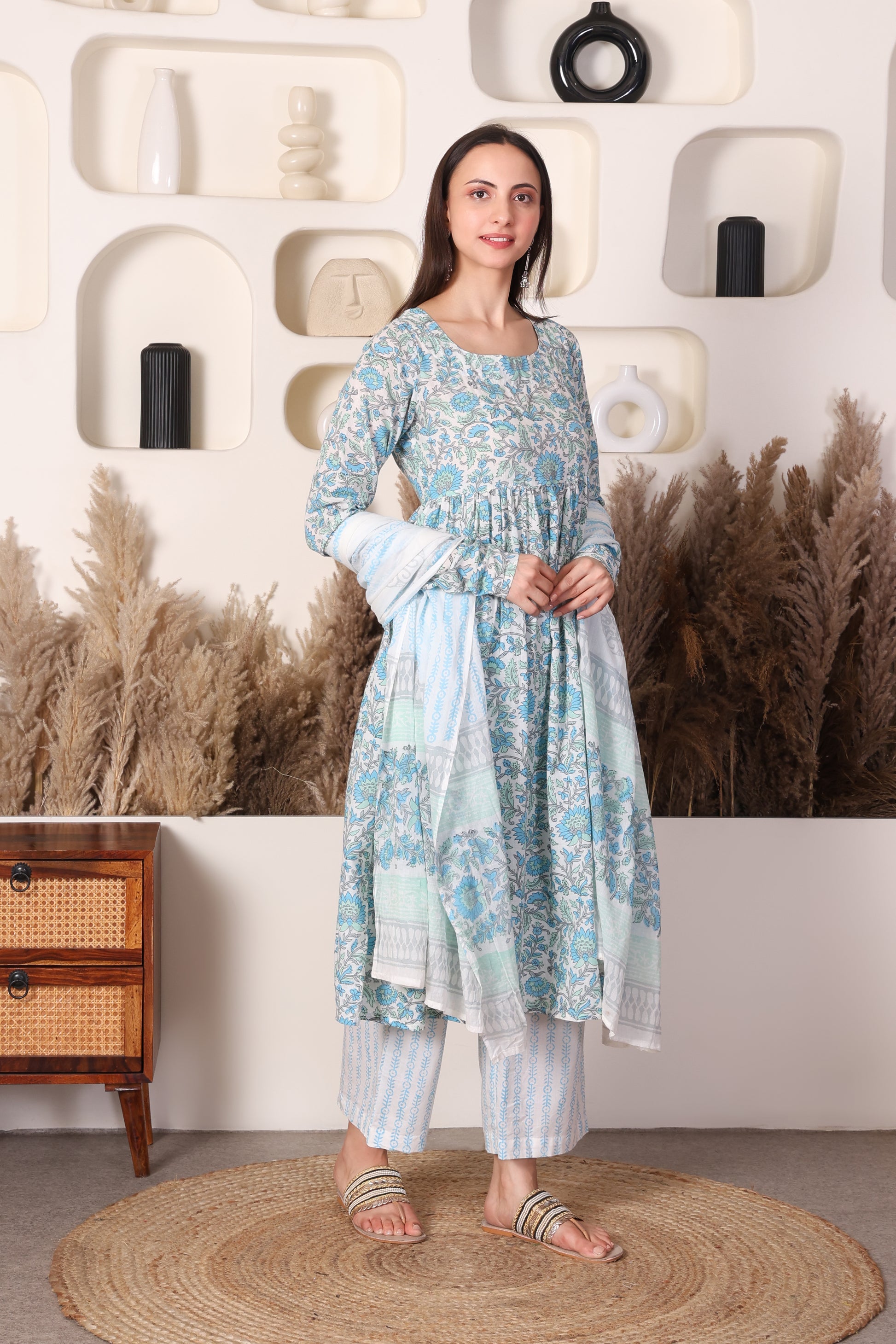 White & Blue Block-Printed Cotton 3‑Piece Set with Mulmul Dupatta