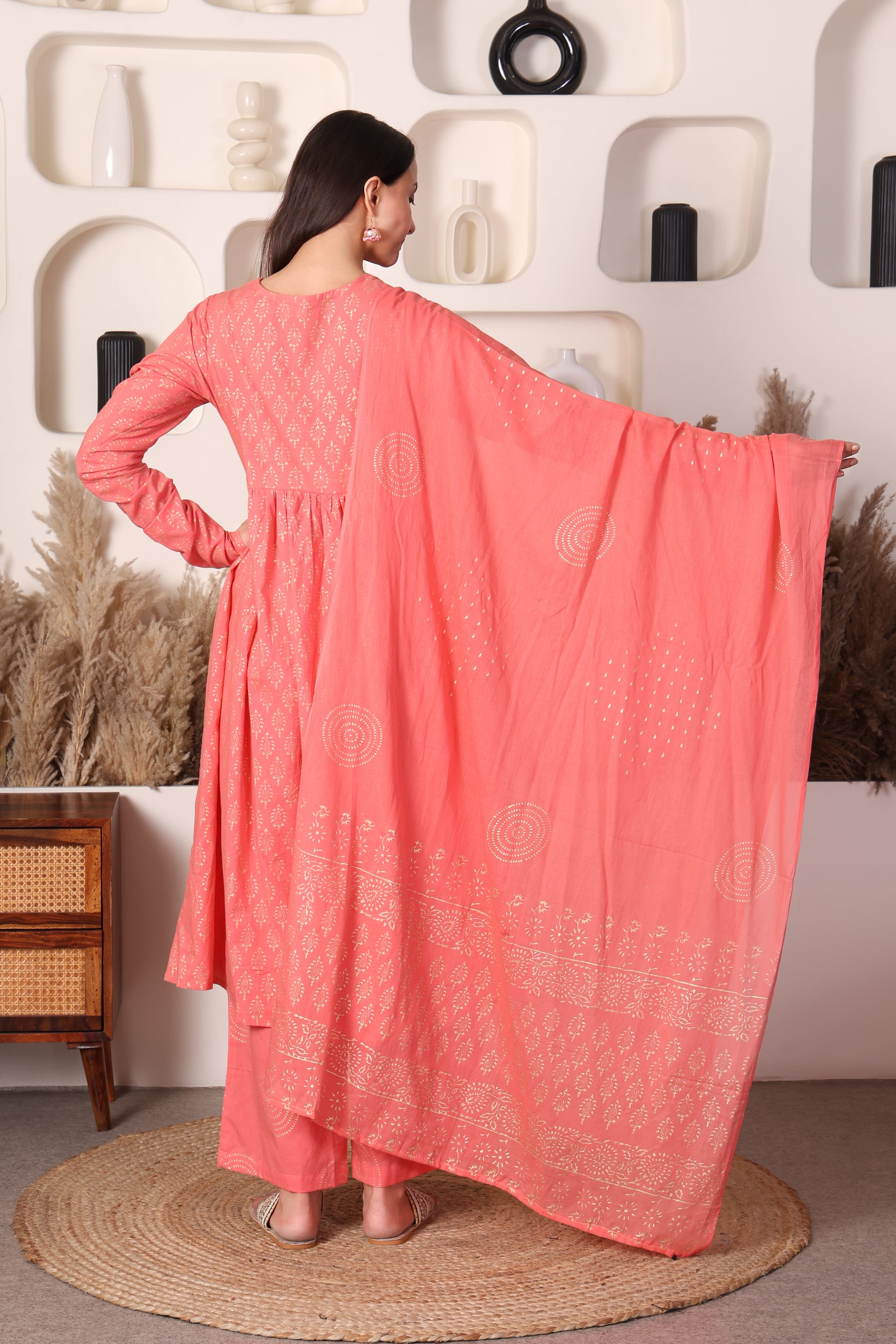 Pink Block-Printed Cotton 3‑Piece Set with Mulmul Dupatta