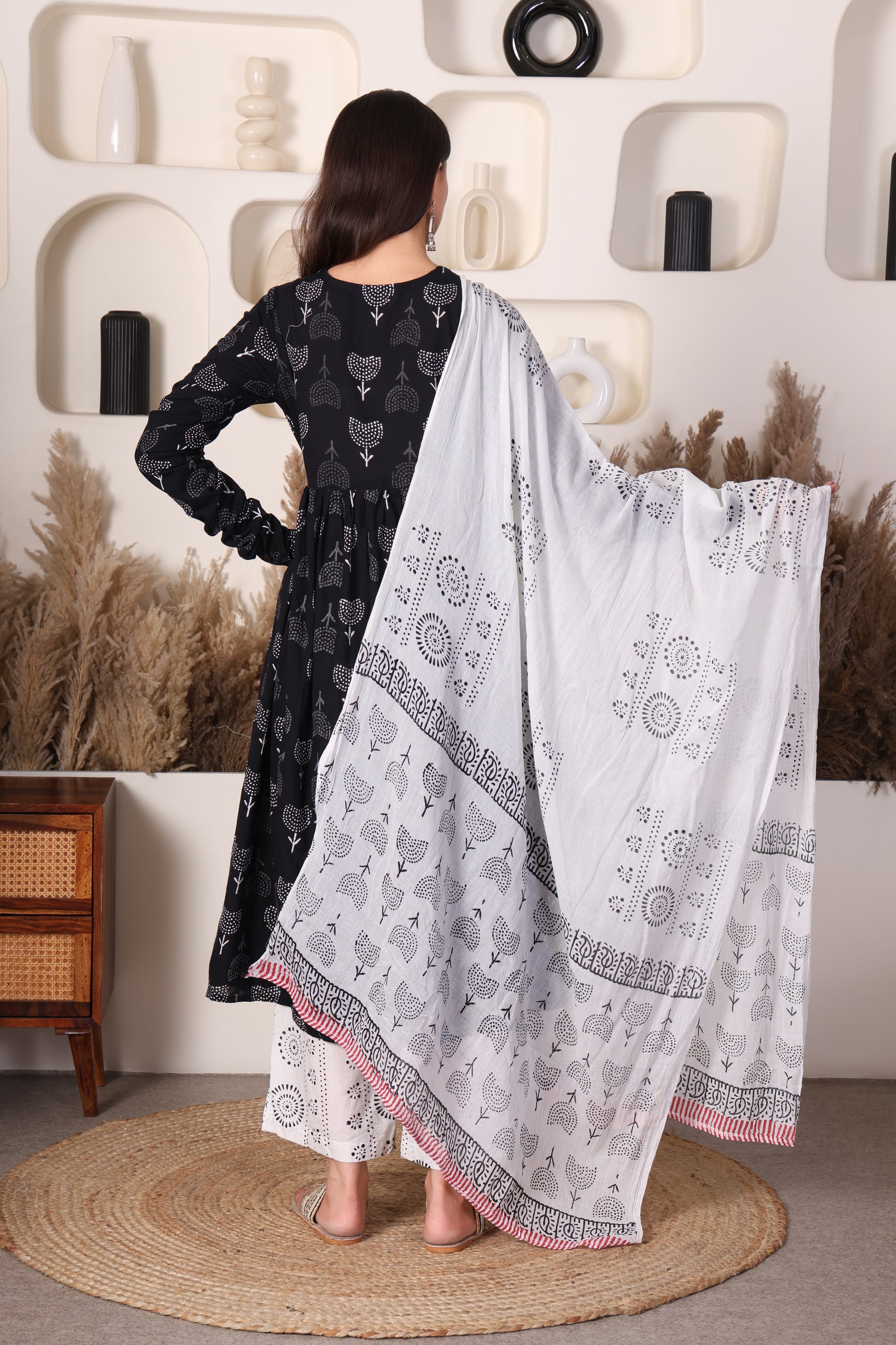 Black Block-Printed Cotton 3‑Piece Set with Mulmul Dupatta