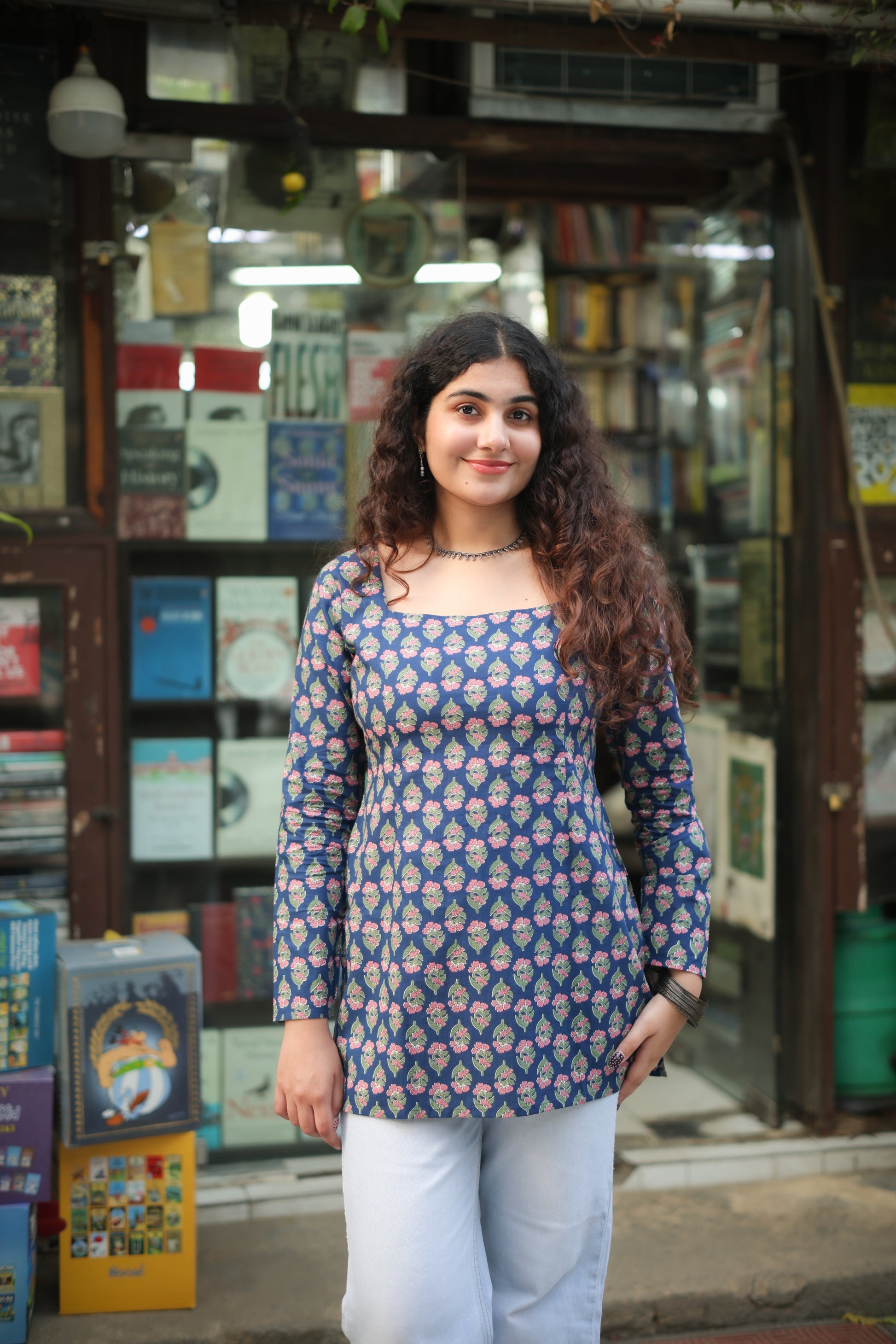 Blue Hand block Short Kurti