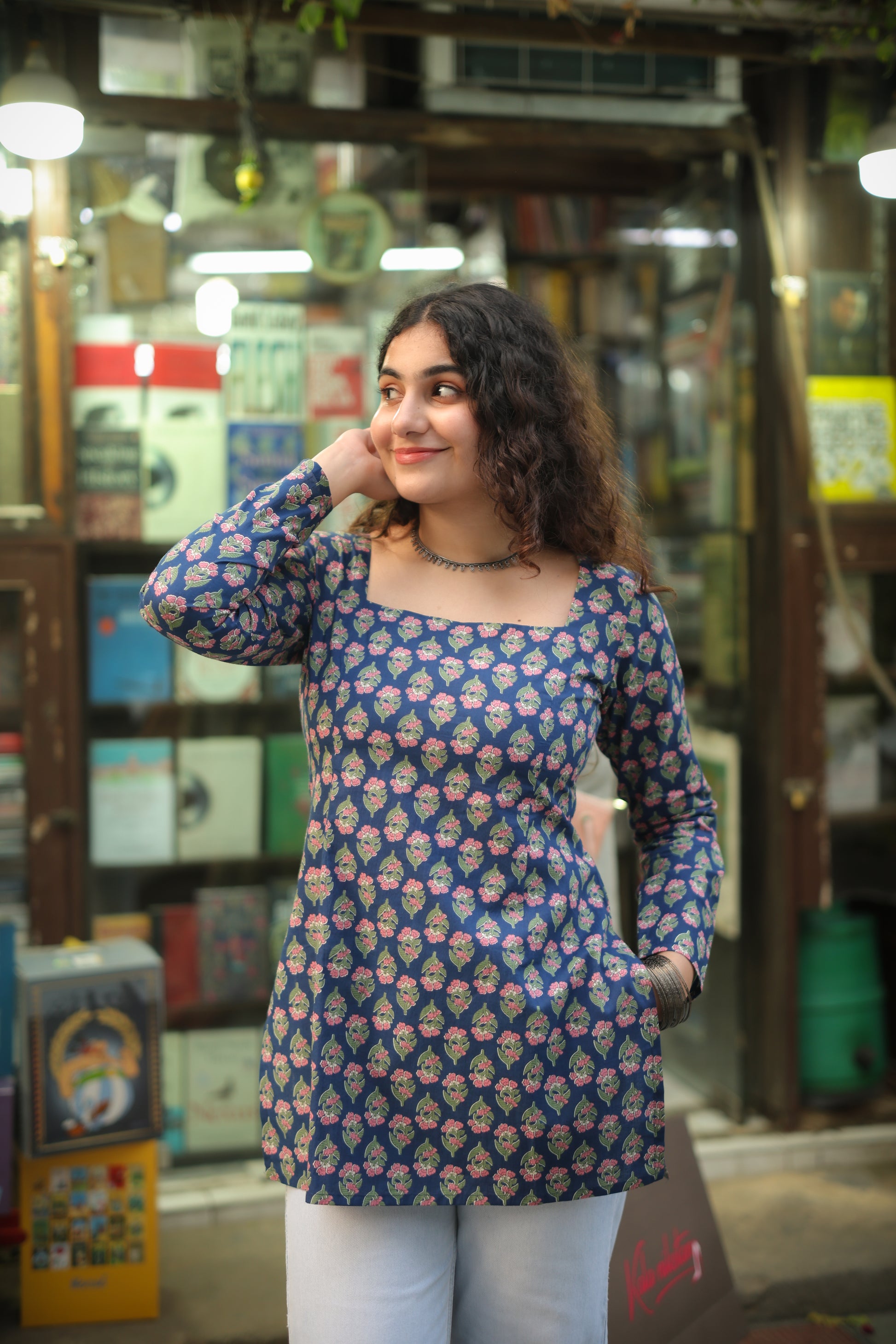 Blue Hand block Short Kurti