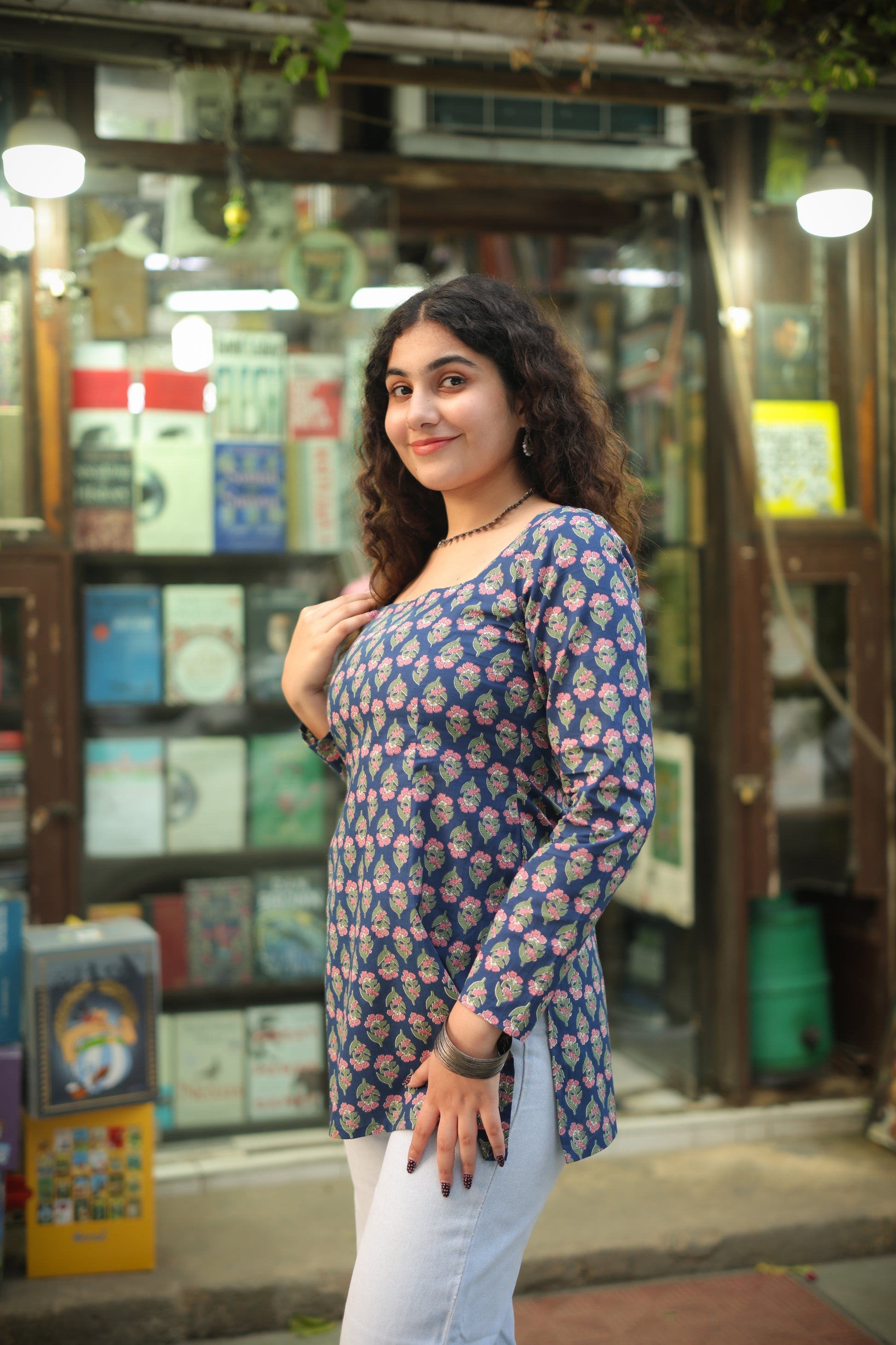 Blue Hand block Short Kurti