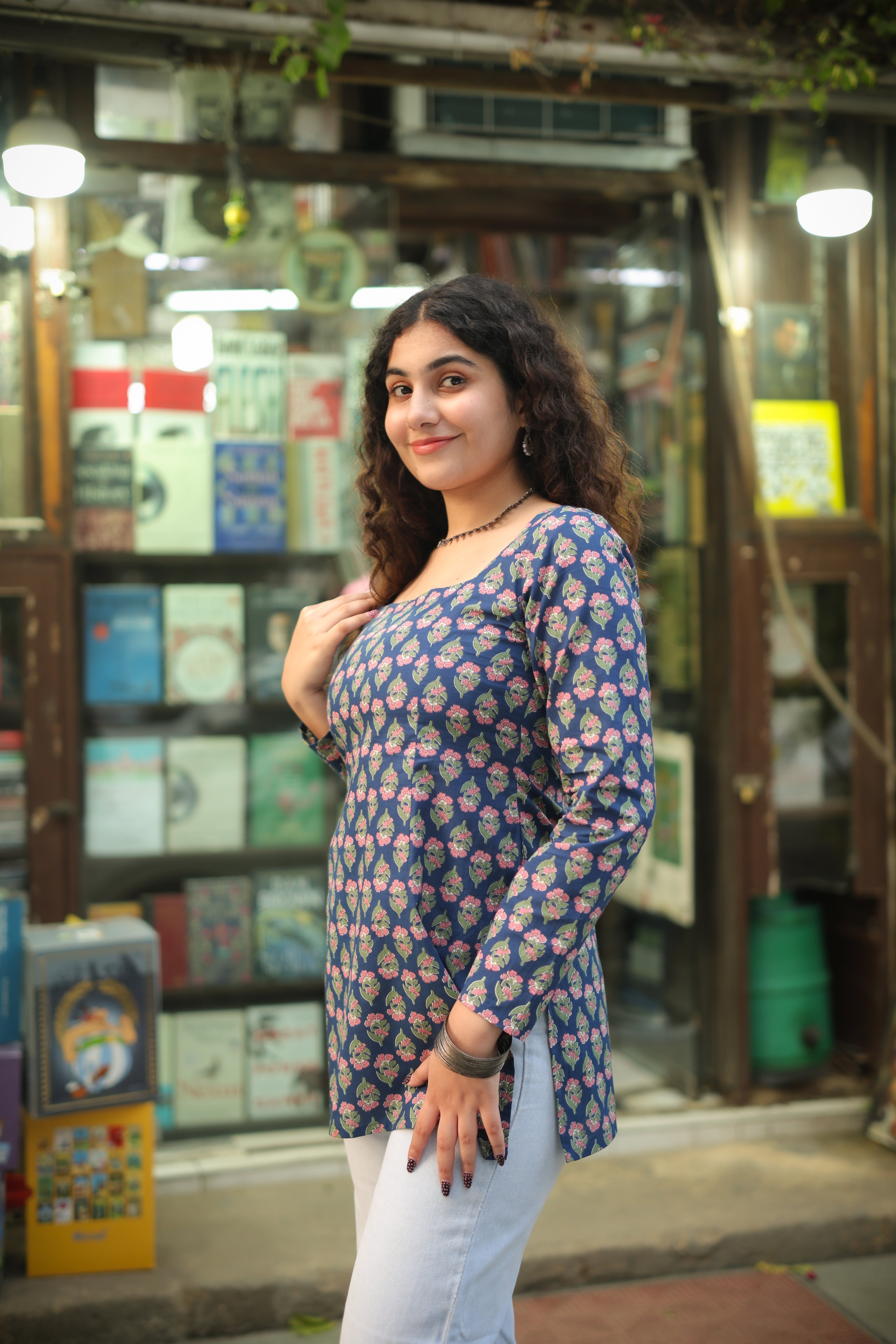 hiral Blue Hand block Short Kurti