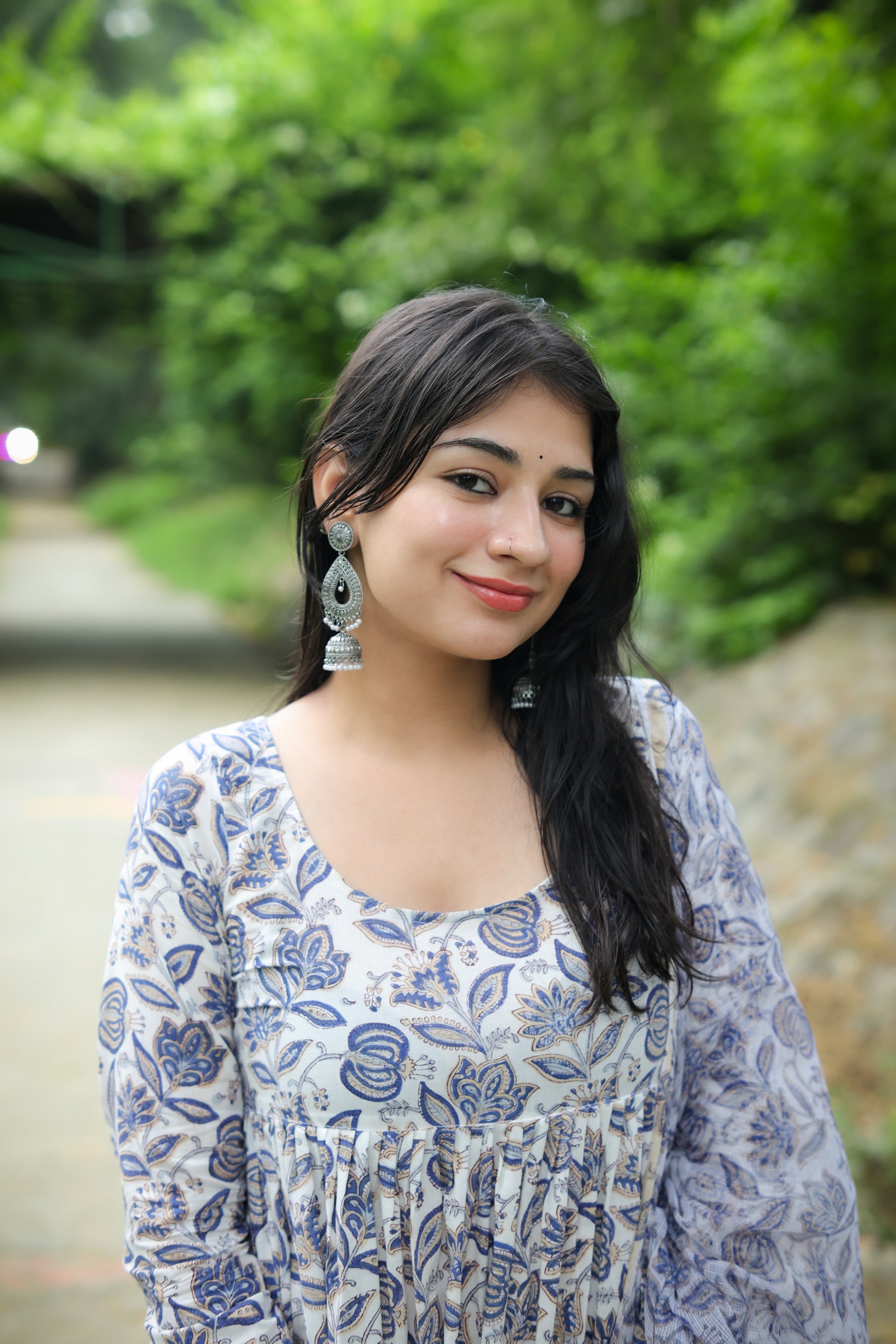 White Anarkali Set Dupatta - Hand Block