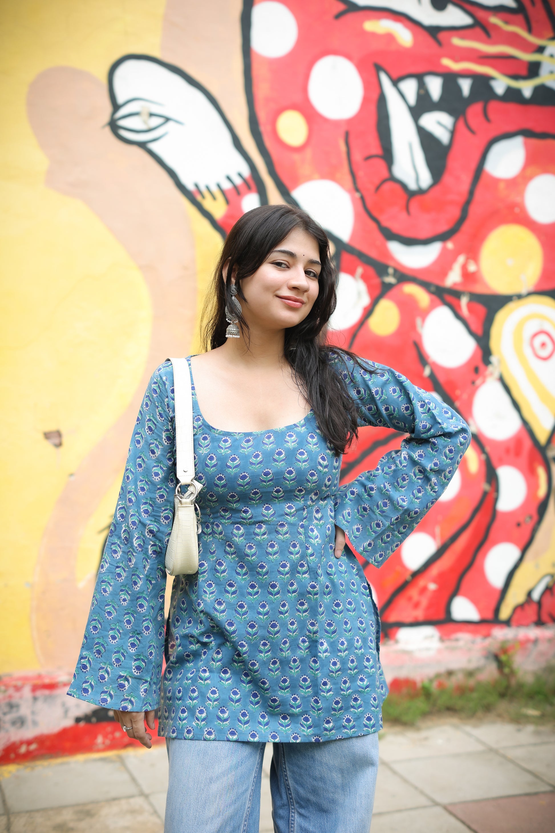 Hand Block Blue Short Kurti