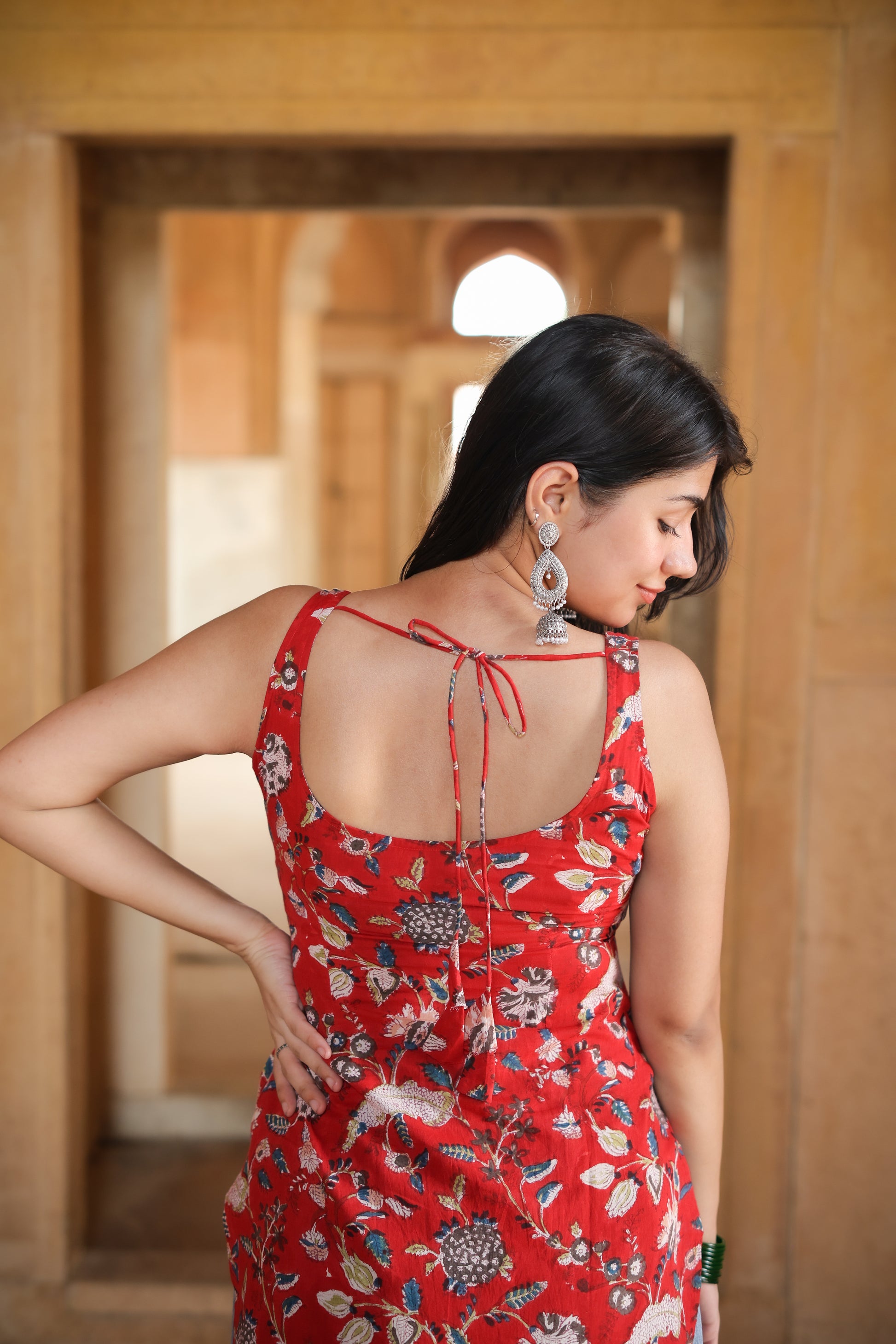 Hand Block Red Short Kurti