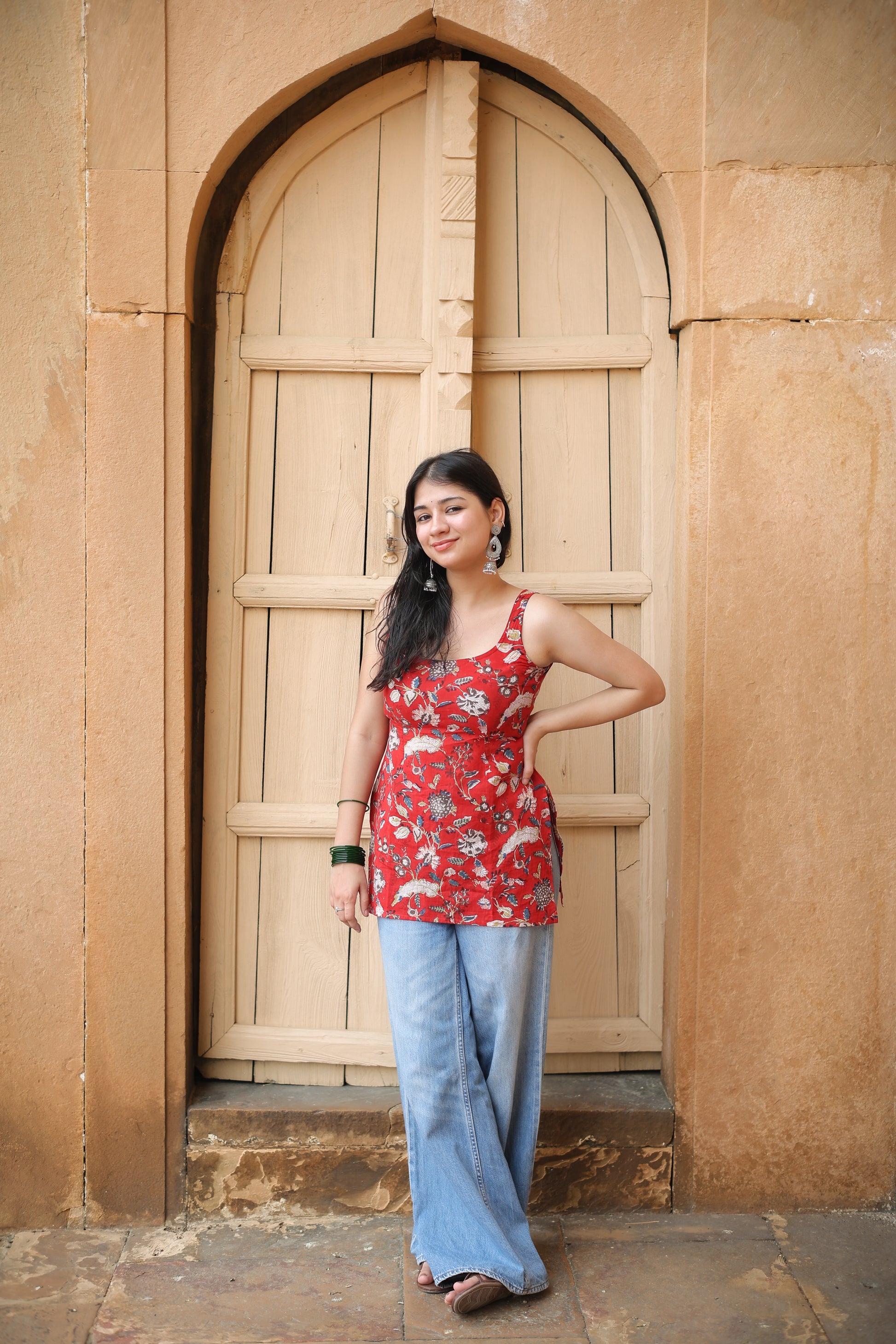 Hand Block Red Short Kurti