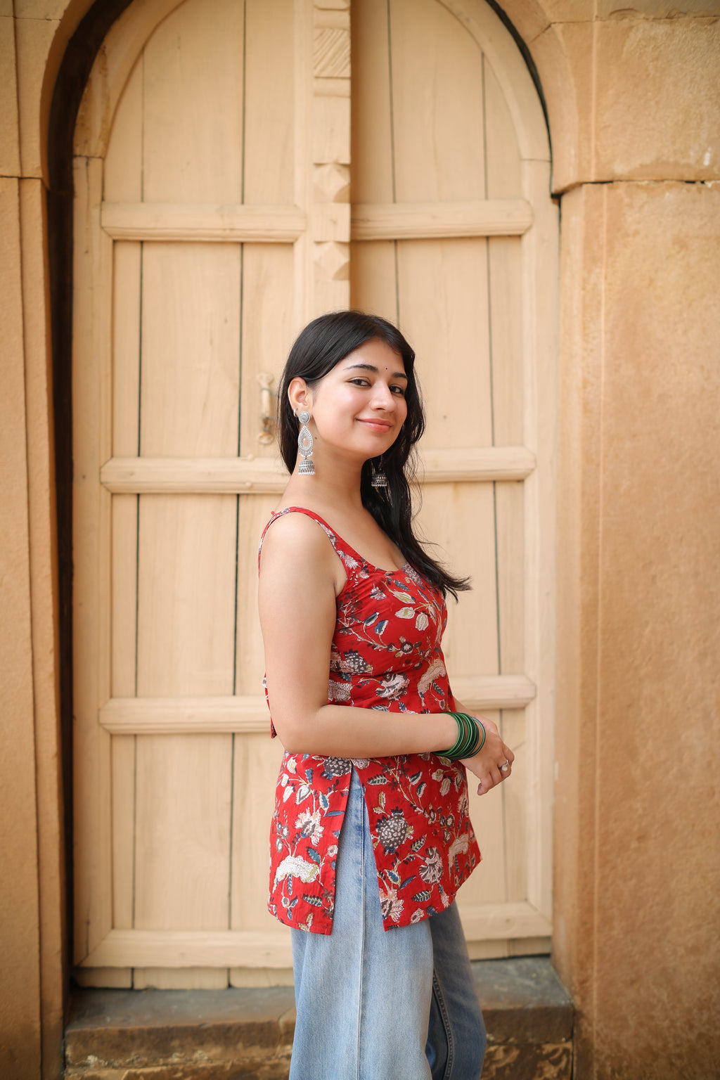 Hand Block Red Short Kurti