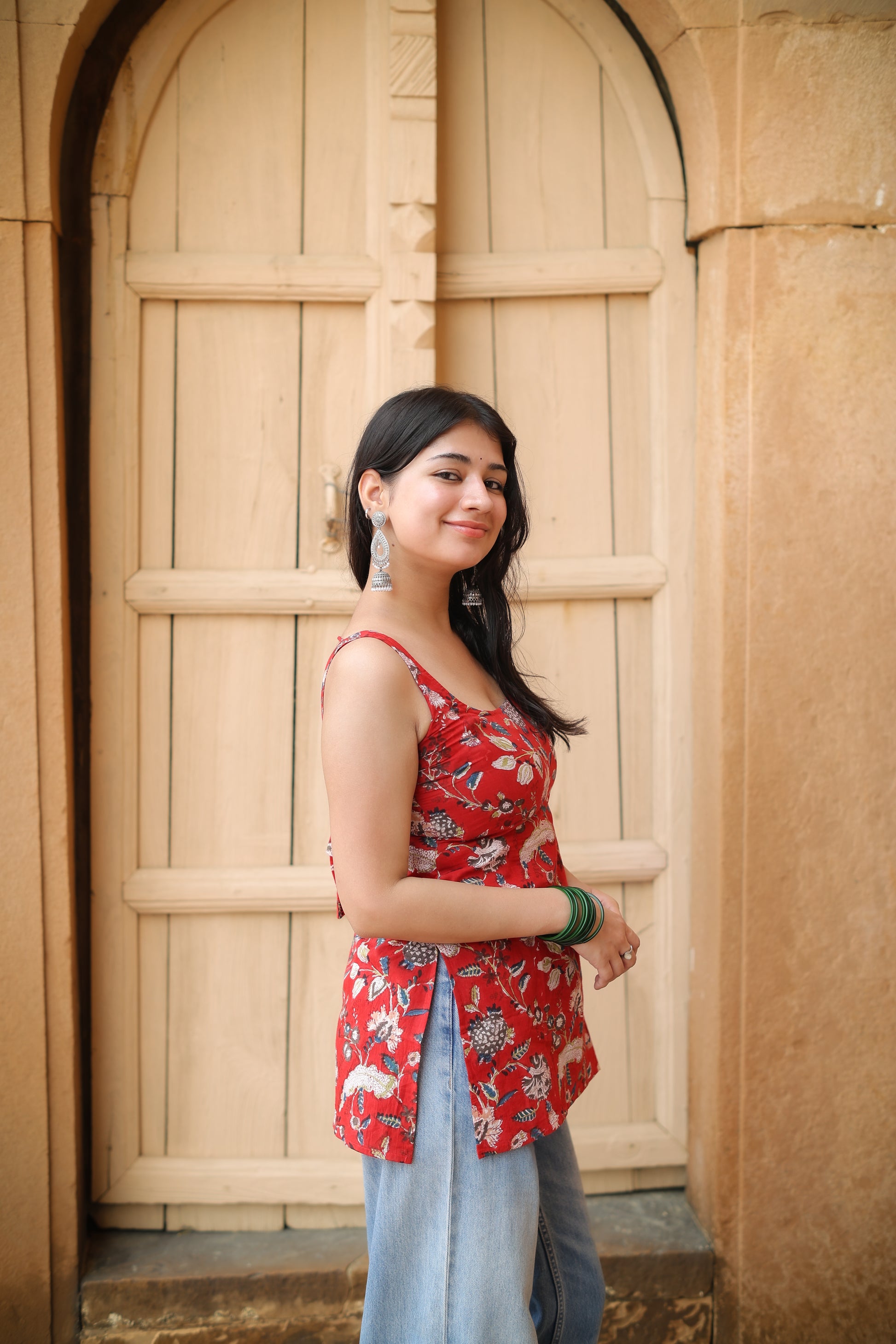 Hand Block Red Short Kurti