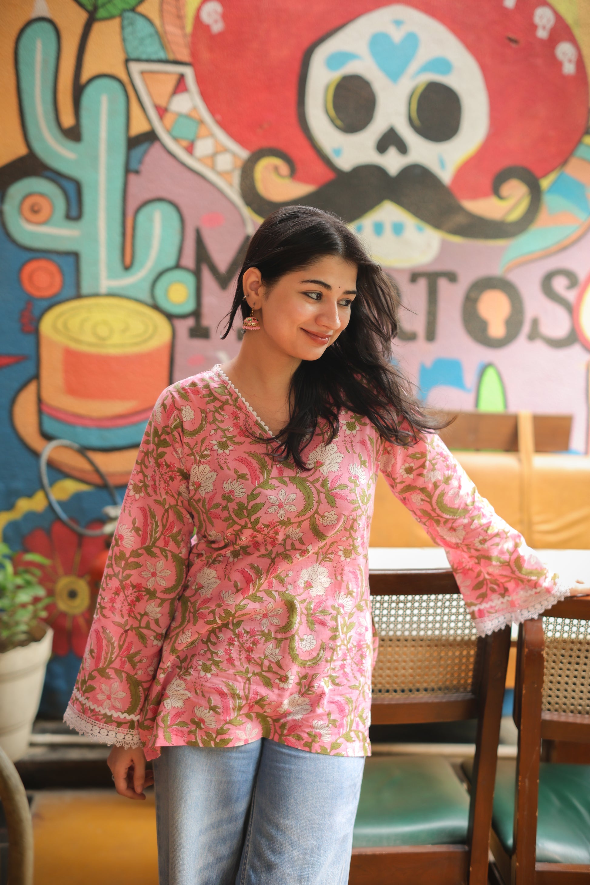Hand Block Light Pink Short Kurti