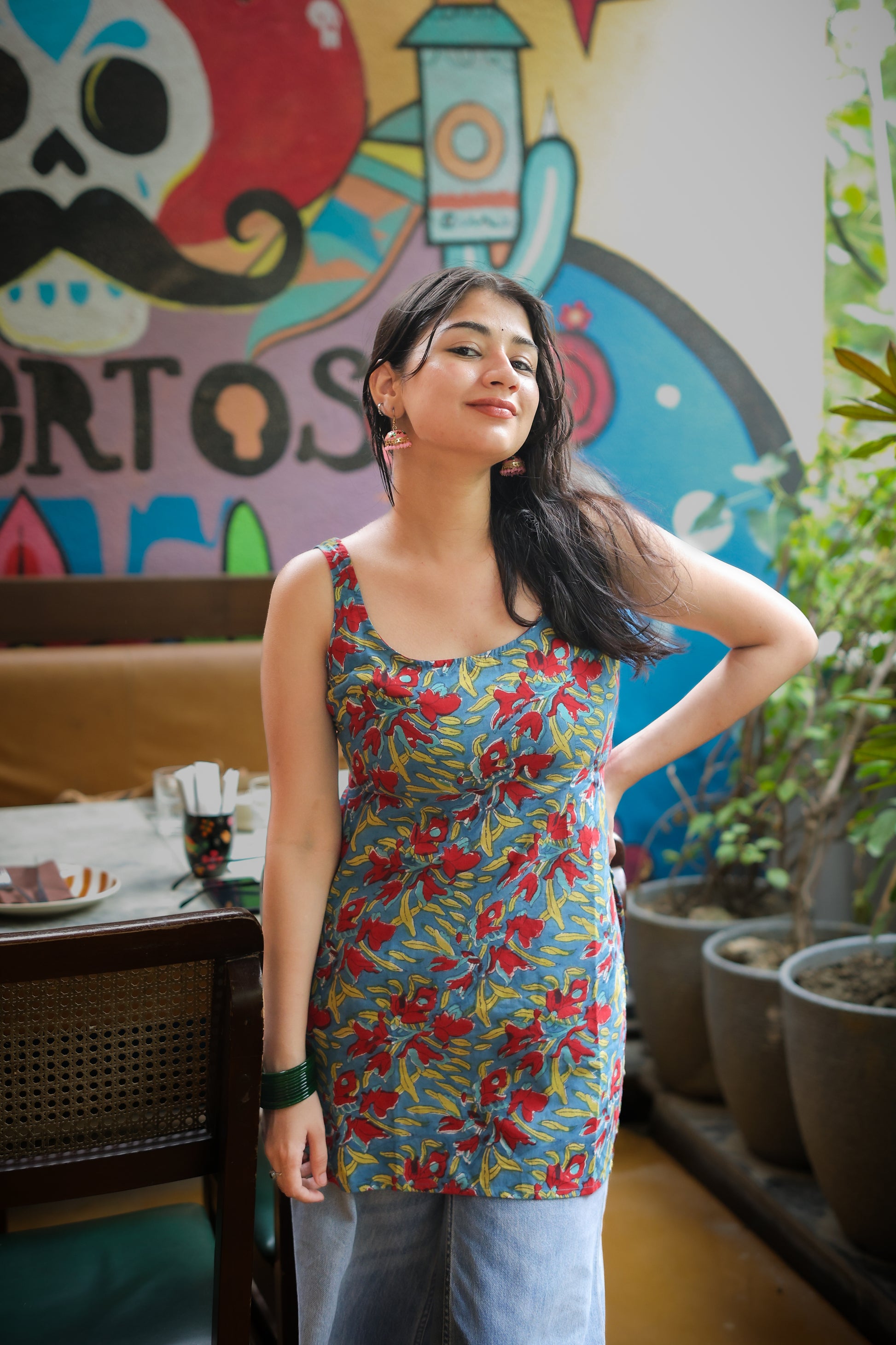 Red Blue Printed Handblock Short Kurti