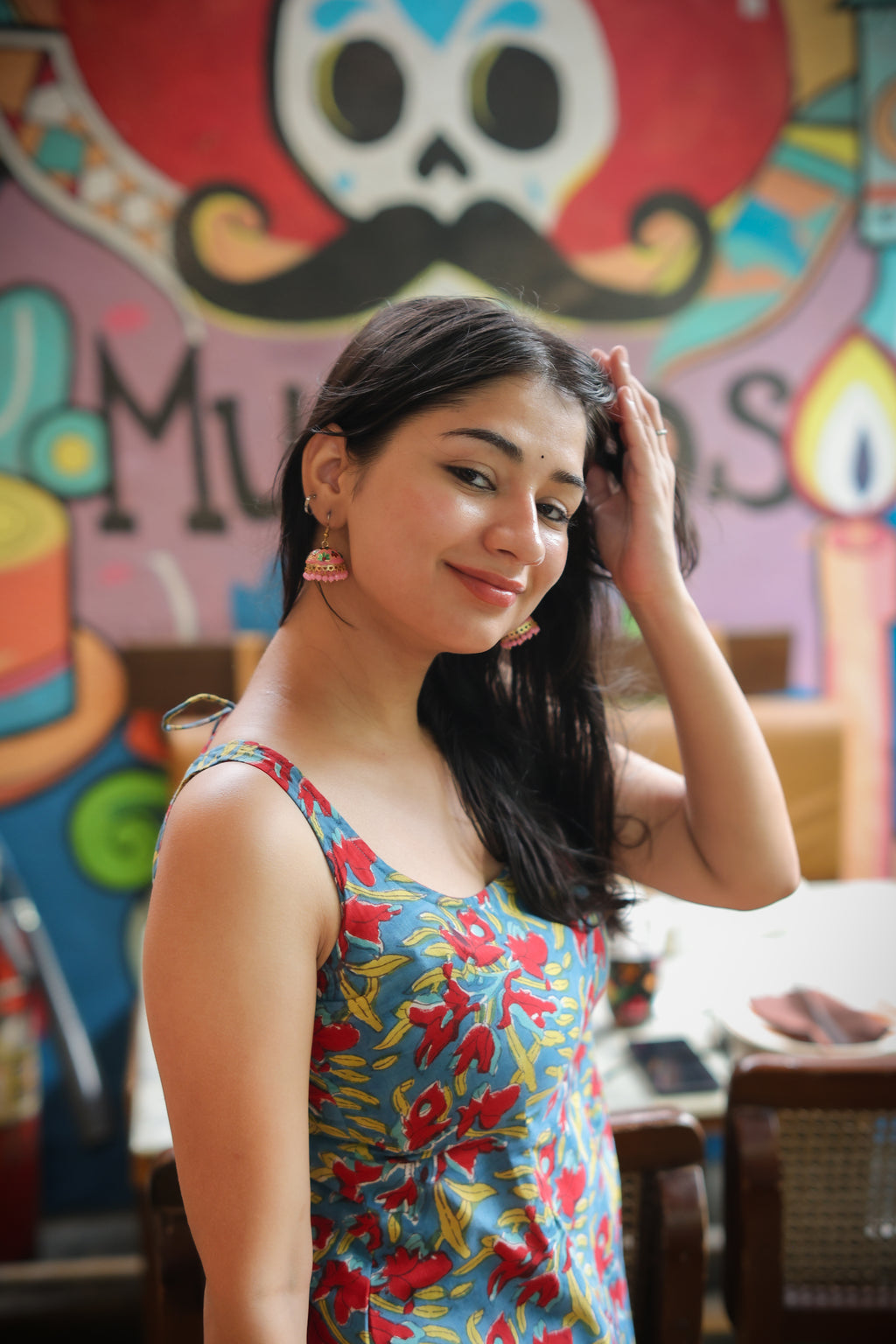 Red Blue Printed Handblock Short Kurti