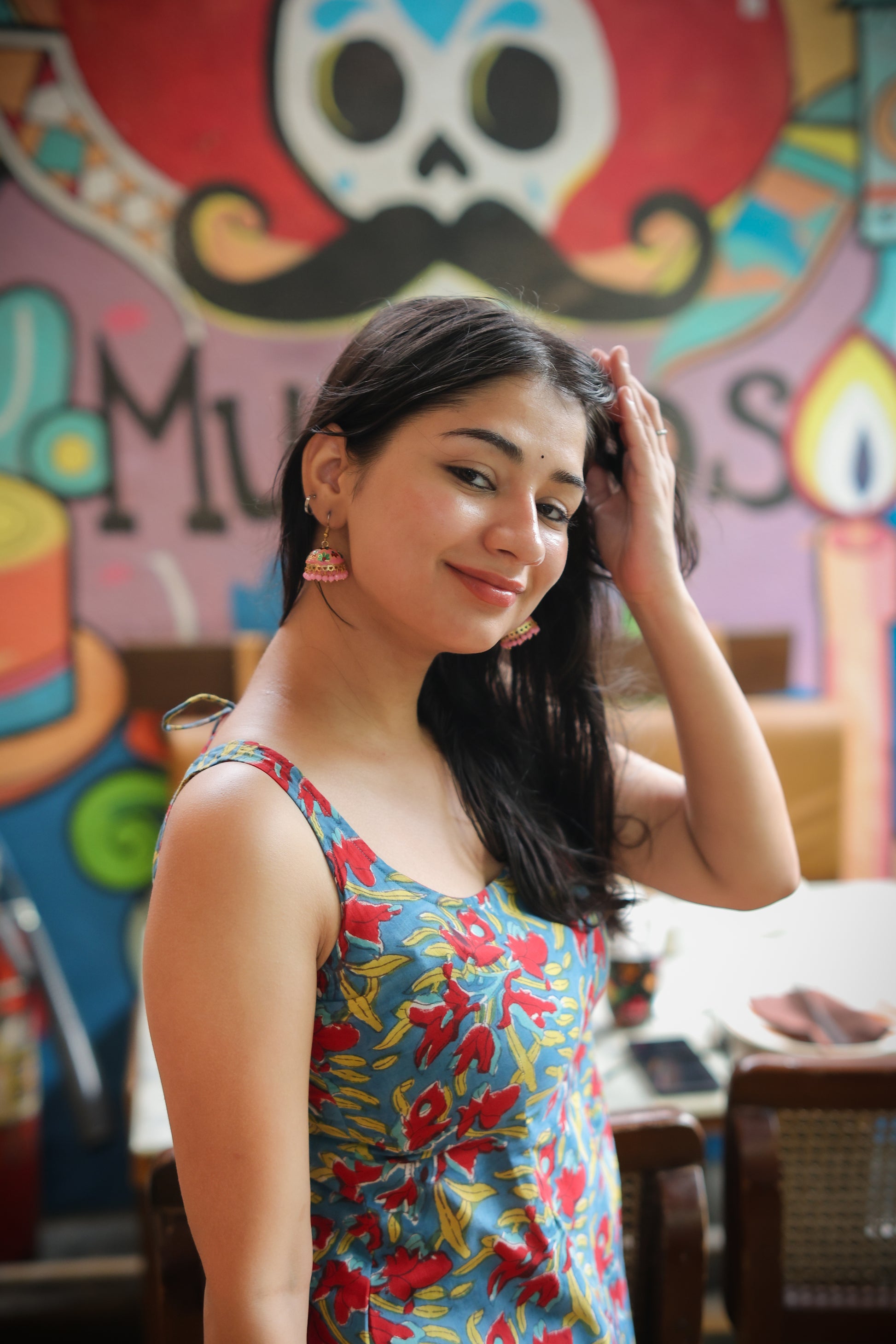 Red Blue Printed Handblock Short Kurti