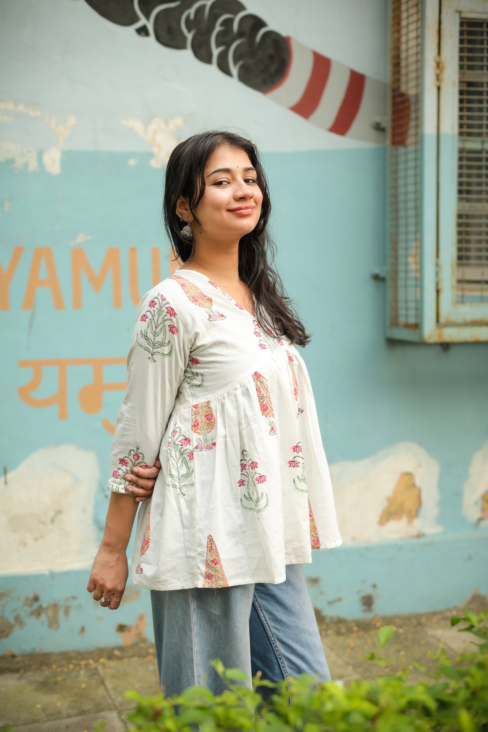 Hand Block White Pink Short Kurti