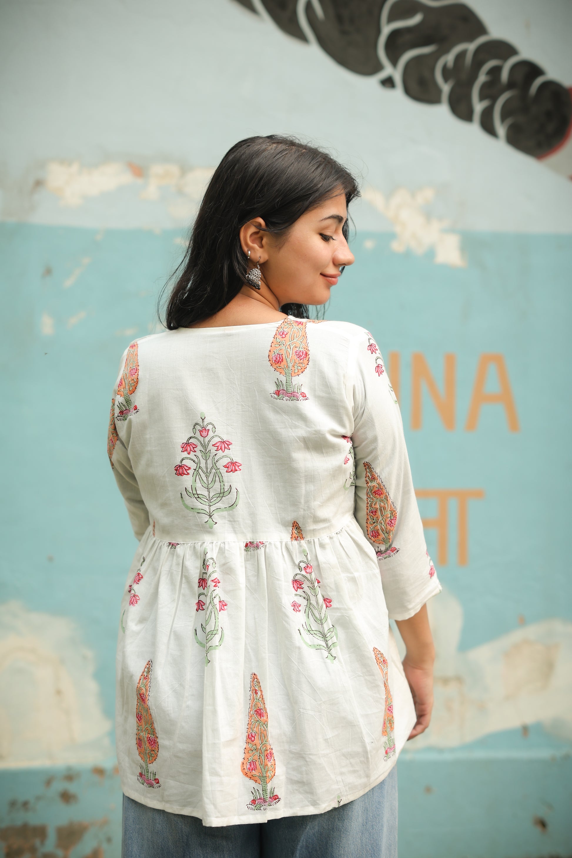 Hand Block White Pink Short Kurti