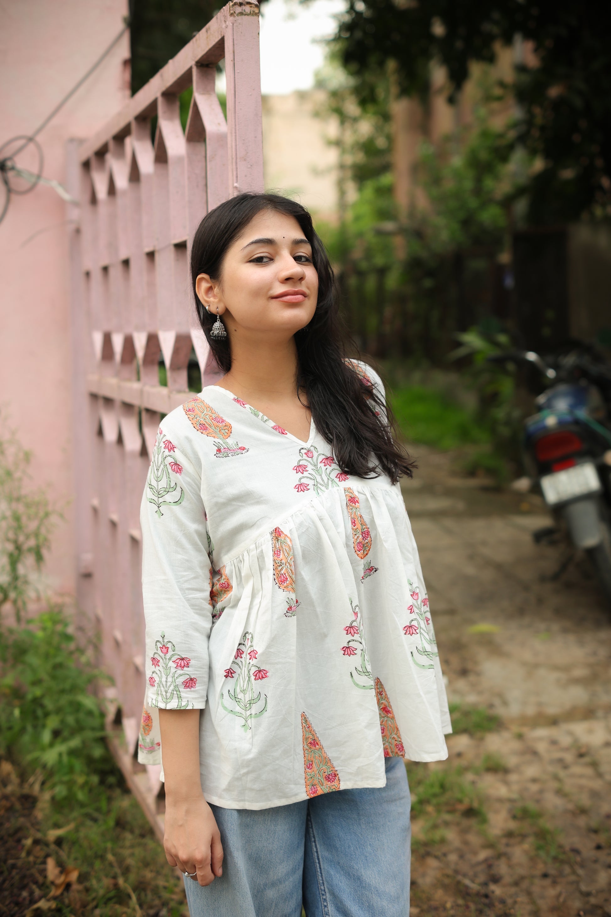 Hand Block White Pink Short Kurti