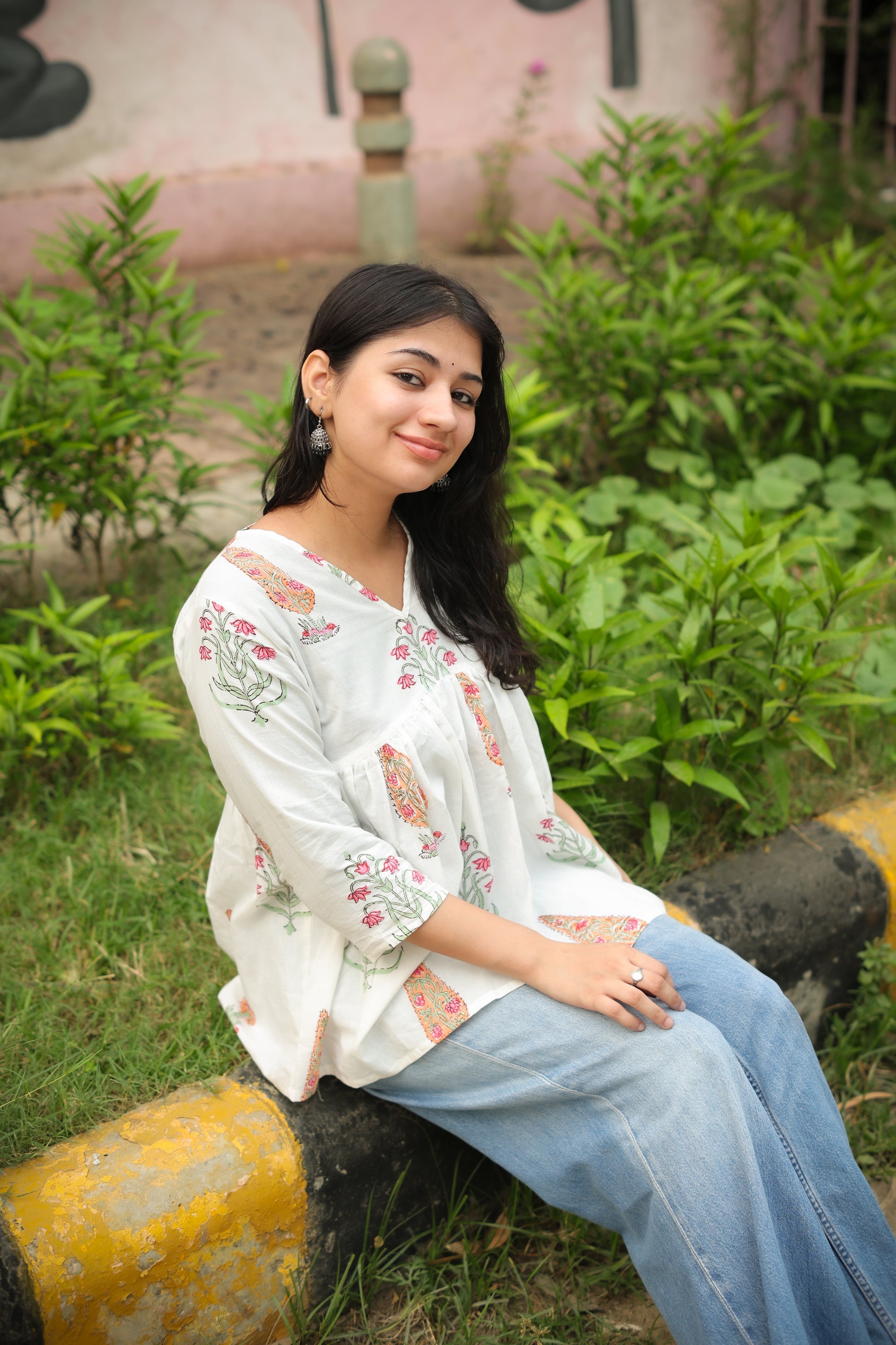 Hand Block White Pink Short Kurti