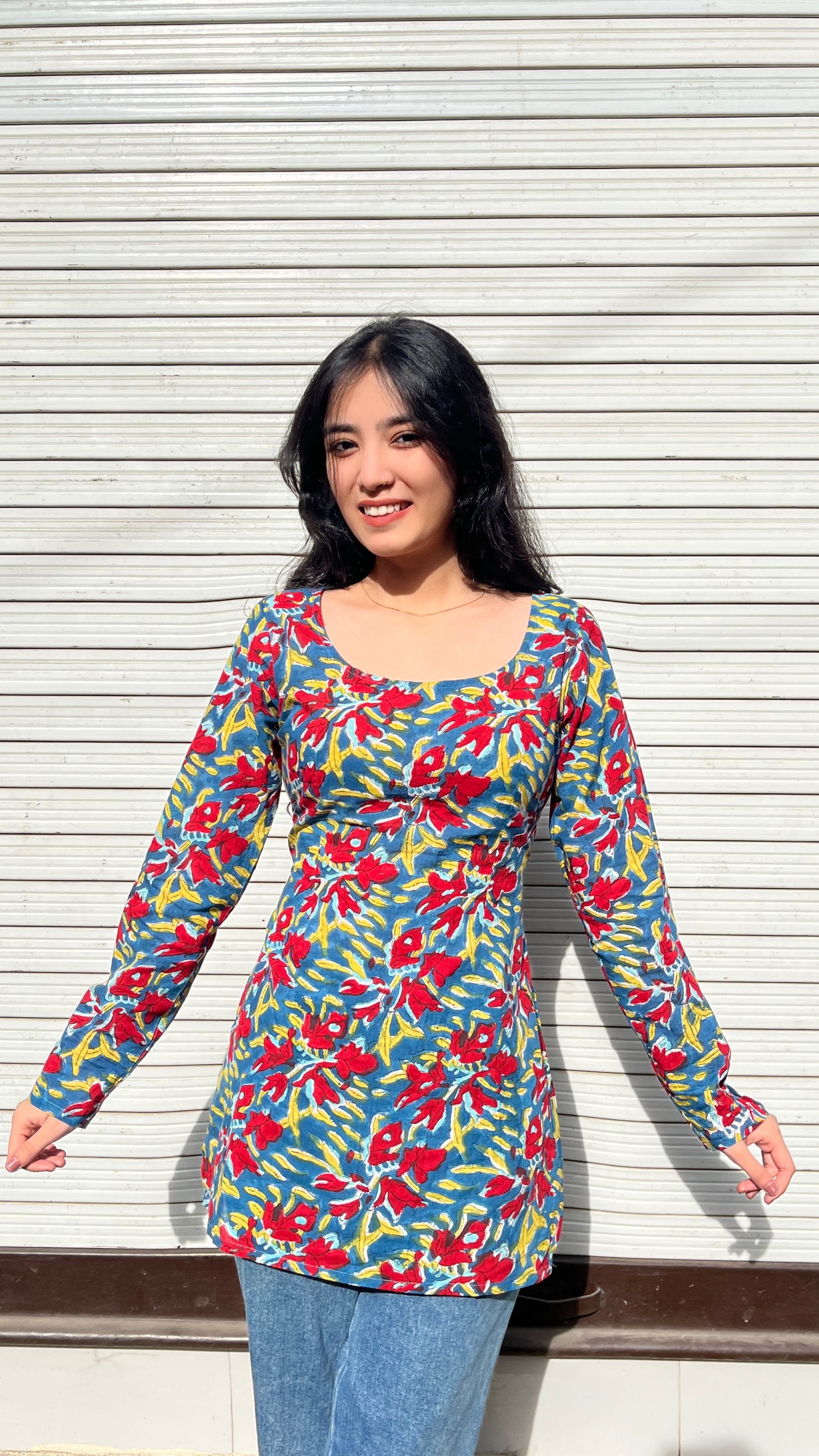 Red Blue Full Sleeves Short Kurti