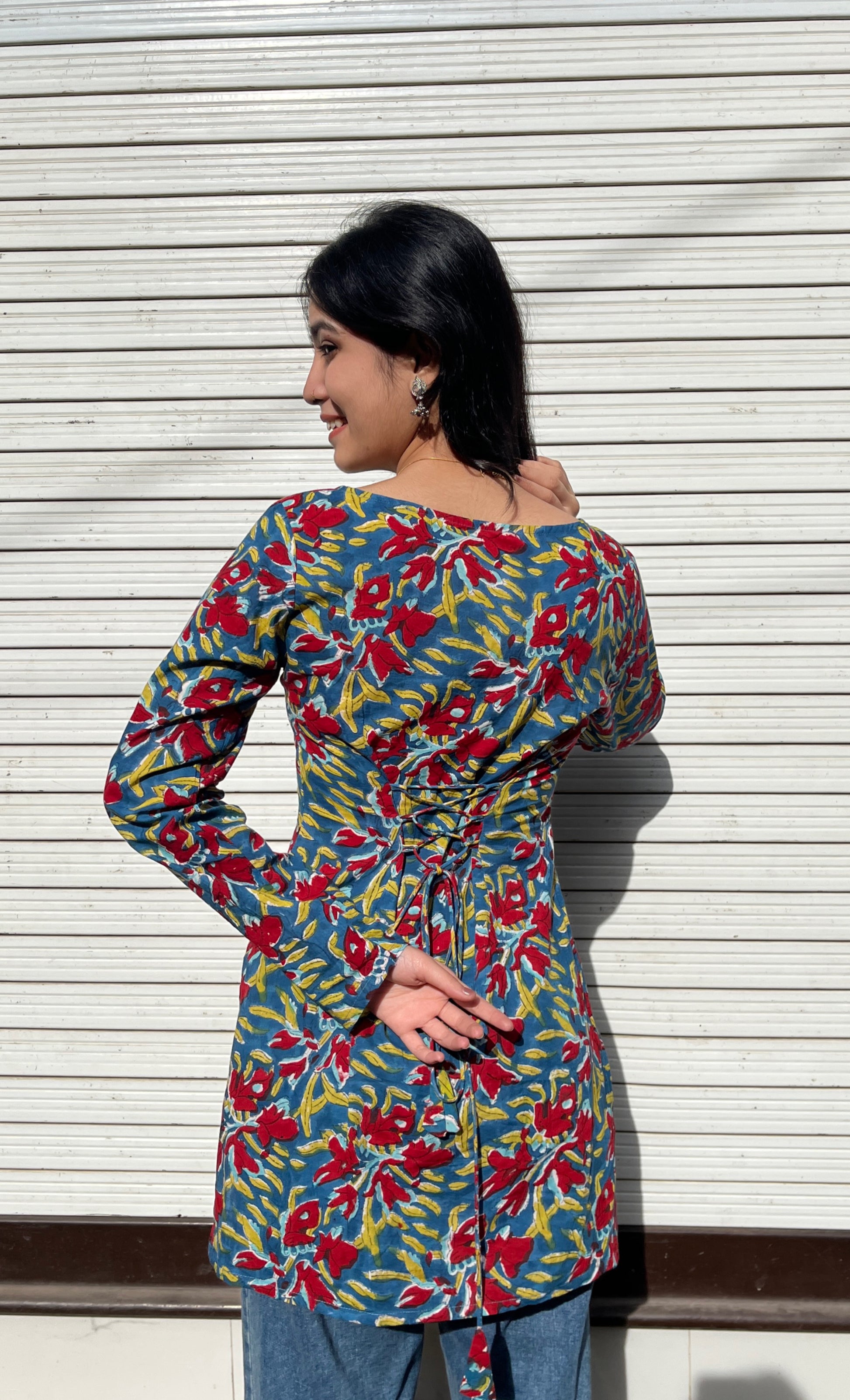 Red Blue Full Sleeves Short Kurti