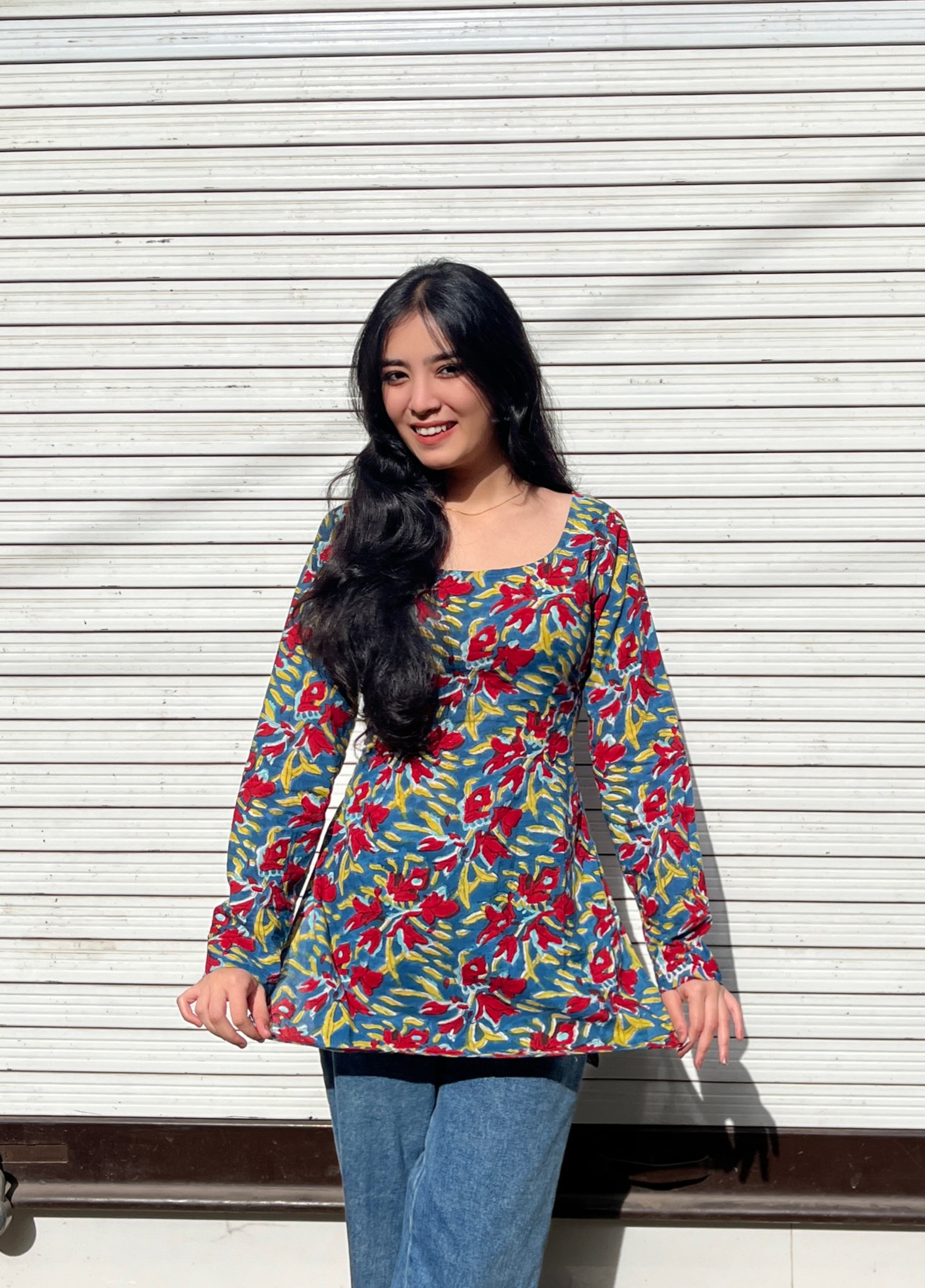 Red Blue Full Sleeves Short Kurti