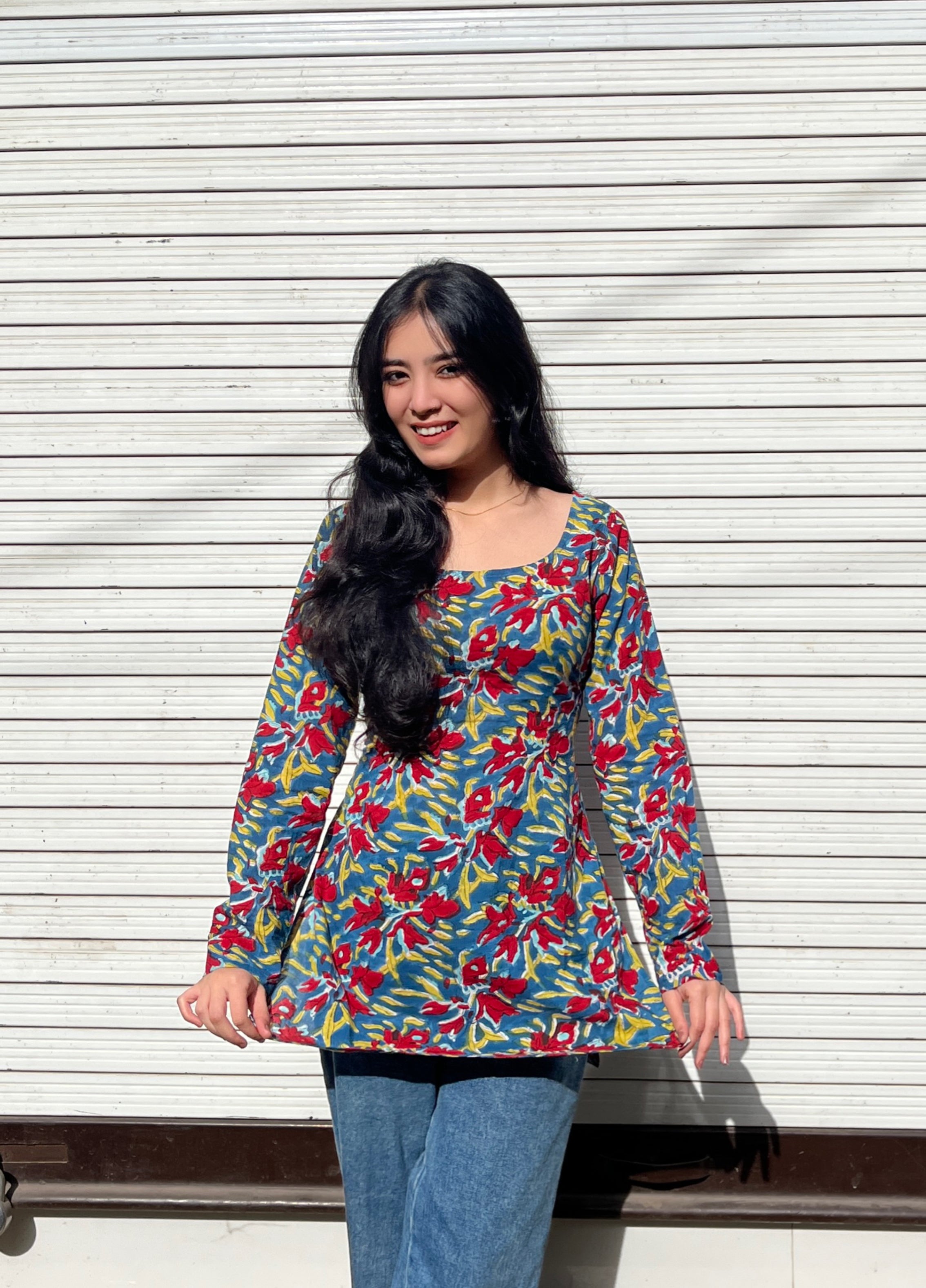 Red Blue Full Sleeves Short Kurti